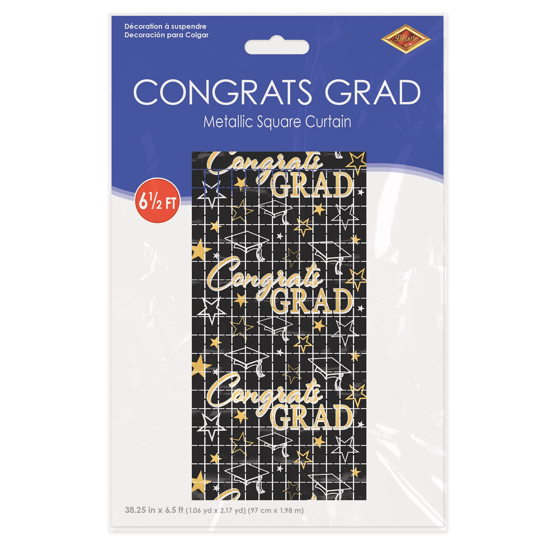 Beistle 56029 Felicidades Grad - Cortina de plástico metálico con Flecos Cuadrados para decoración de Fiesta de graduación, Negro/Dorado/Plateado
