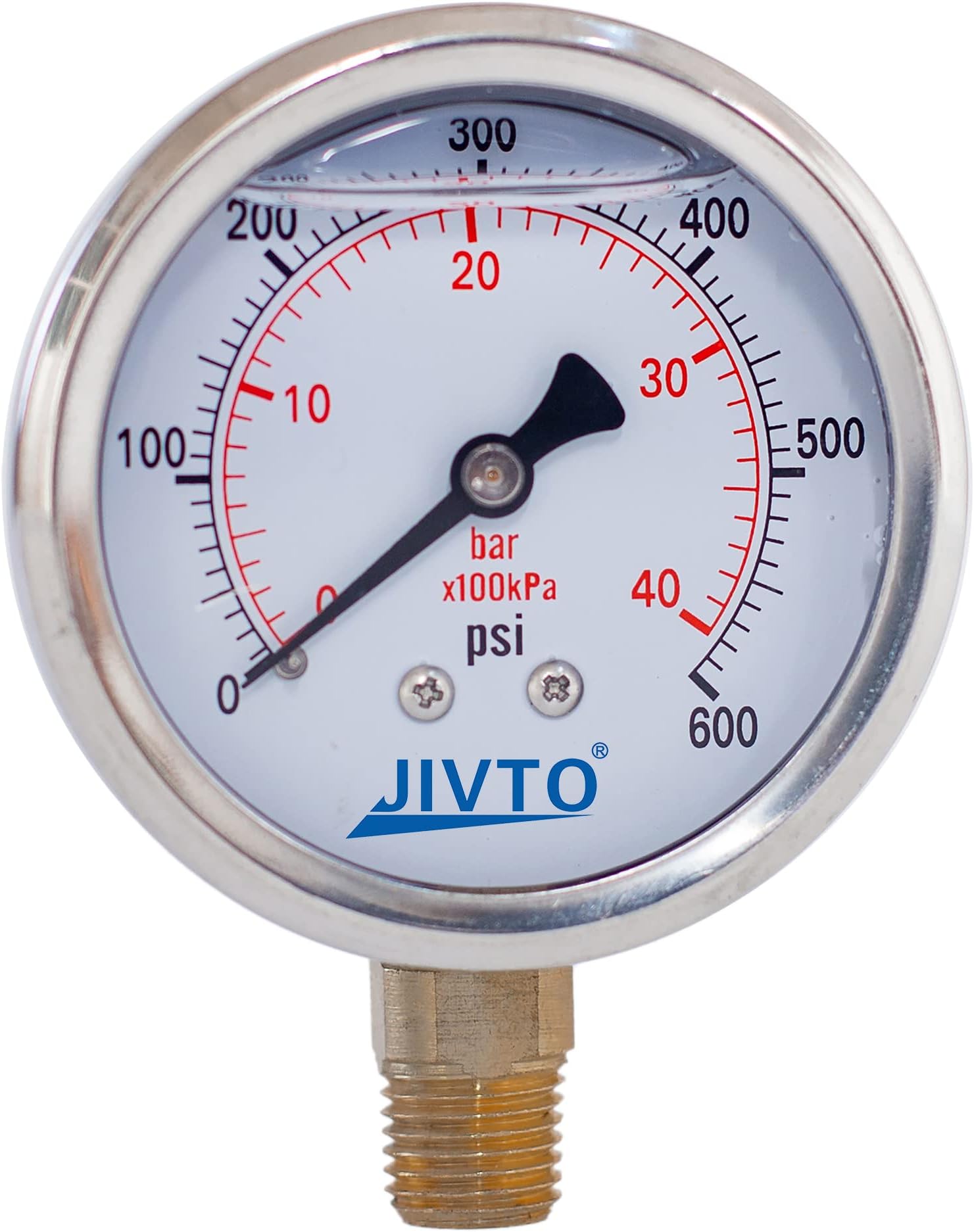 Pressure Gauge,Glycerin Liquid Filled,2.5" Dual Scale Dia,0-600 psi/bar/kpa,1/4" NPT Male Brass Connection,Lower Mount, Stainless Steel Case,for Pneumatic,Pump,Hose,Well Tank,Gas Air Water Oil
