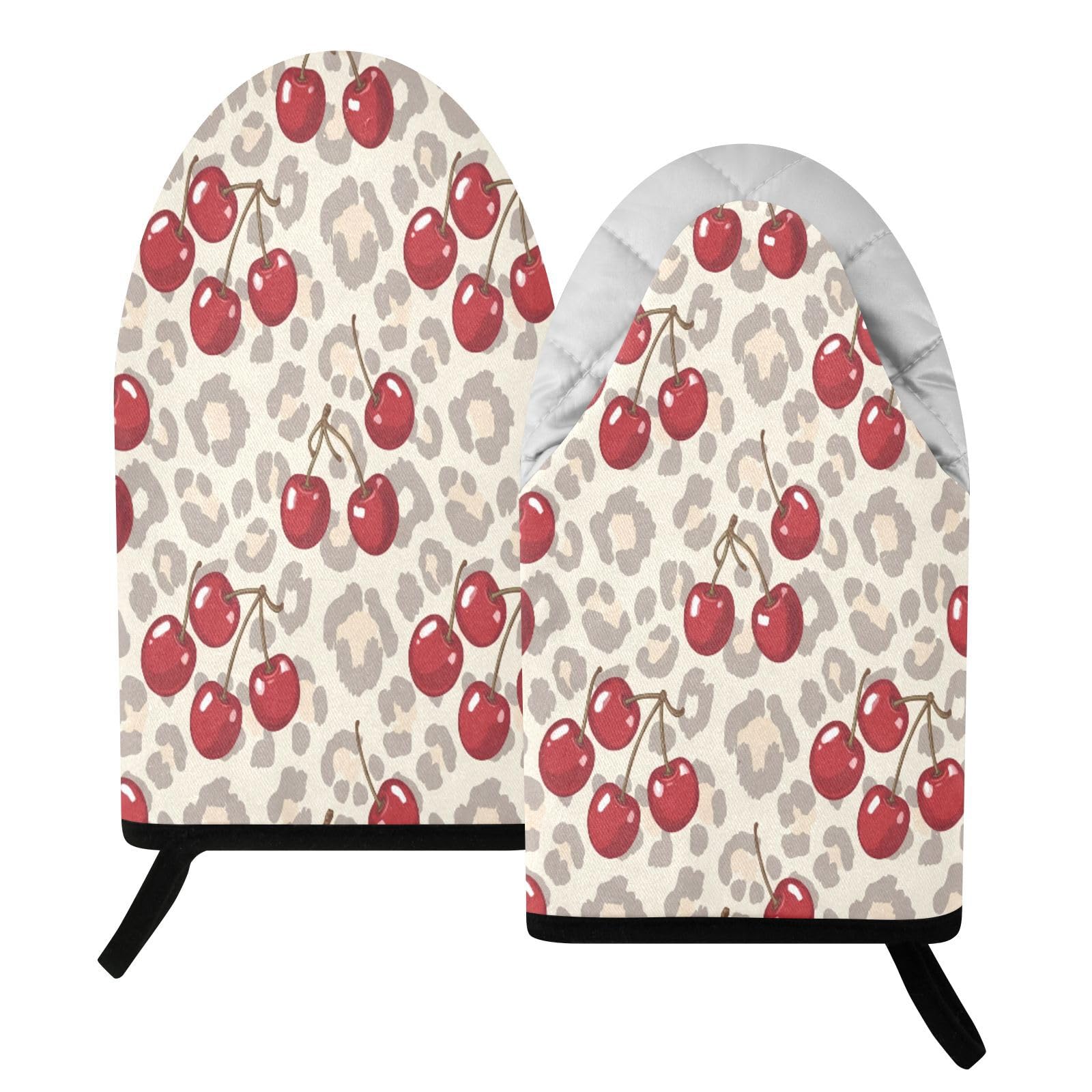 BURSTDDY Leopard Cherry Oven Mitt,Heat Resistant Kitchen Mitts for Cooking
