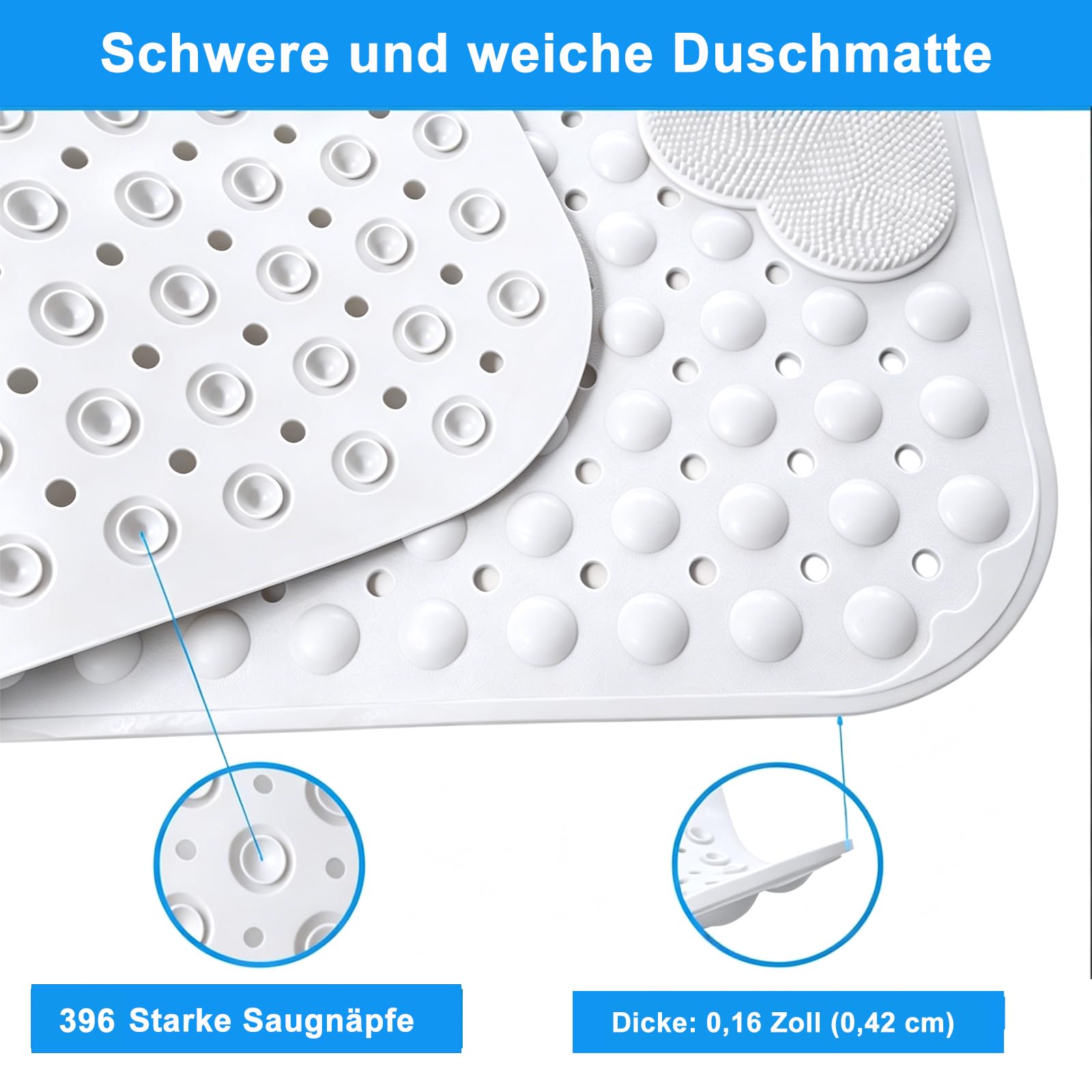 Tapis de douche antidérapant 90 x 60 cm, tapis de douche en TPE avec ventouses, grand tapis de douche antidérapant, sans BPA, blanc pur, 90 x 60 cm (rectangulaire)