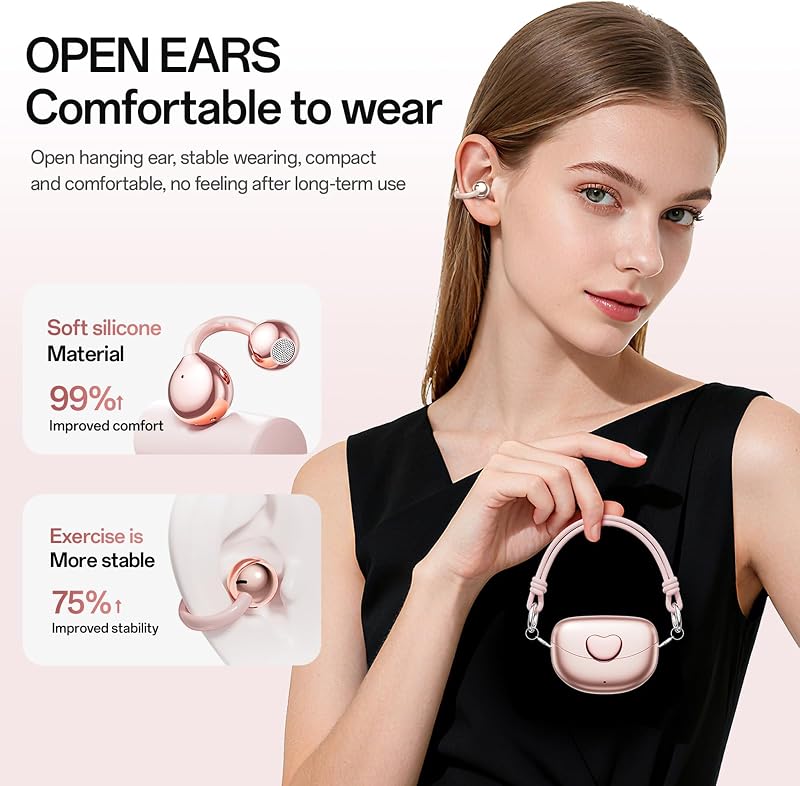 WUYUEGE Clip-On Open Ear Earbuds for Women with Matching Bracelet, Bluetooth 6.0 Wireless Earbuds, Hi-Fi Stereo Sound, Lightweight Headphones for Small Ears, 40H Playtime, USB-C, Rose Gold,Pink image 4