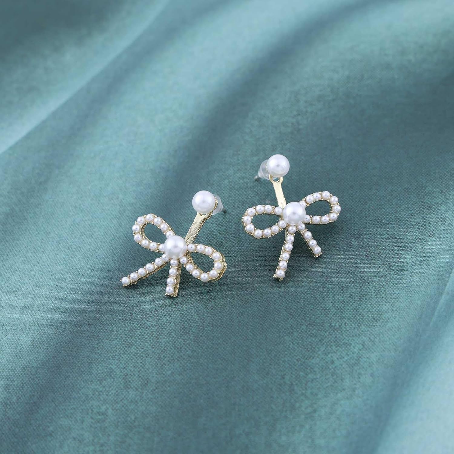 Bohemian Pearl Bow Jacket Earrings Gold Pearl Stud Earrings Small Pearl Bow Tie Earrings Minimalist Pearl Bow Earrings Jewelry for Women Gifts - Image 3