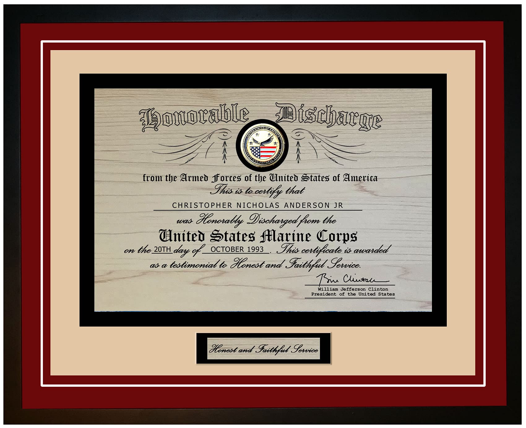 Navy Emporium Engraved and Framed Marine Corps Honorable Discharge Certficate Burgundy