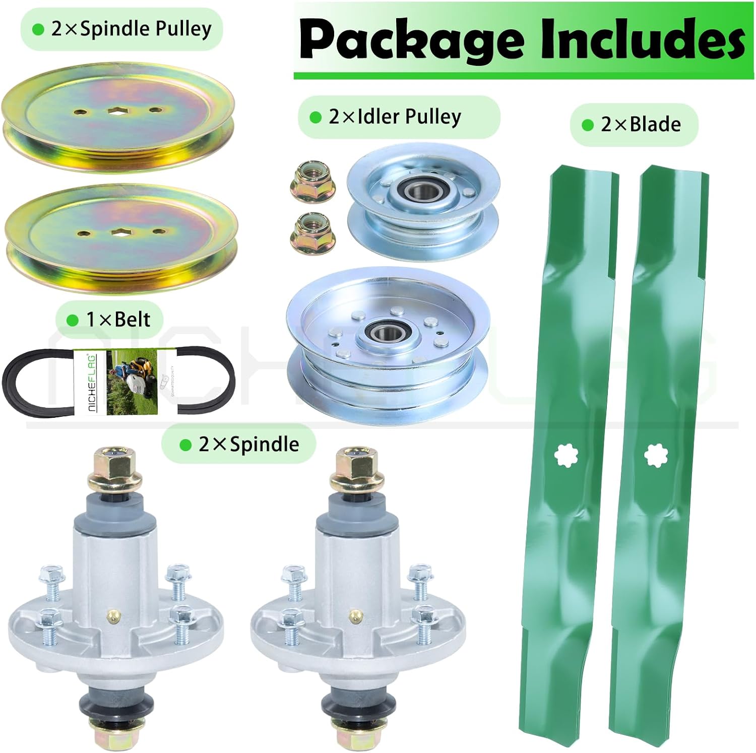 42 inch Deck Rebuild Kit for John Deere D110 D130 D105 LA115 D125 LA105 E100 Includes 2xGY21098 Spindle 2xGX20367 Spindle Pulley 1xIdler Pulley Kit 1xGX20072 Belt(1/2x103) 2xAM141034 Blades