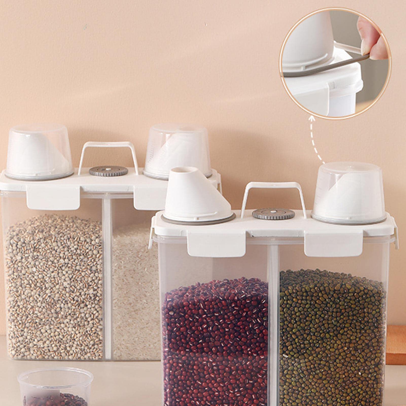 Contenedor de arroz con compartimentos, Barril de arroz transparente, Caja de almacenamiento de granos con compartimentos, Dispensador hermético de alimentos secos de 4L, Diseño de 2 compartimentos,