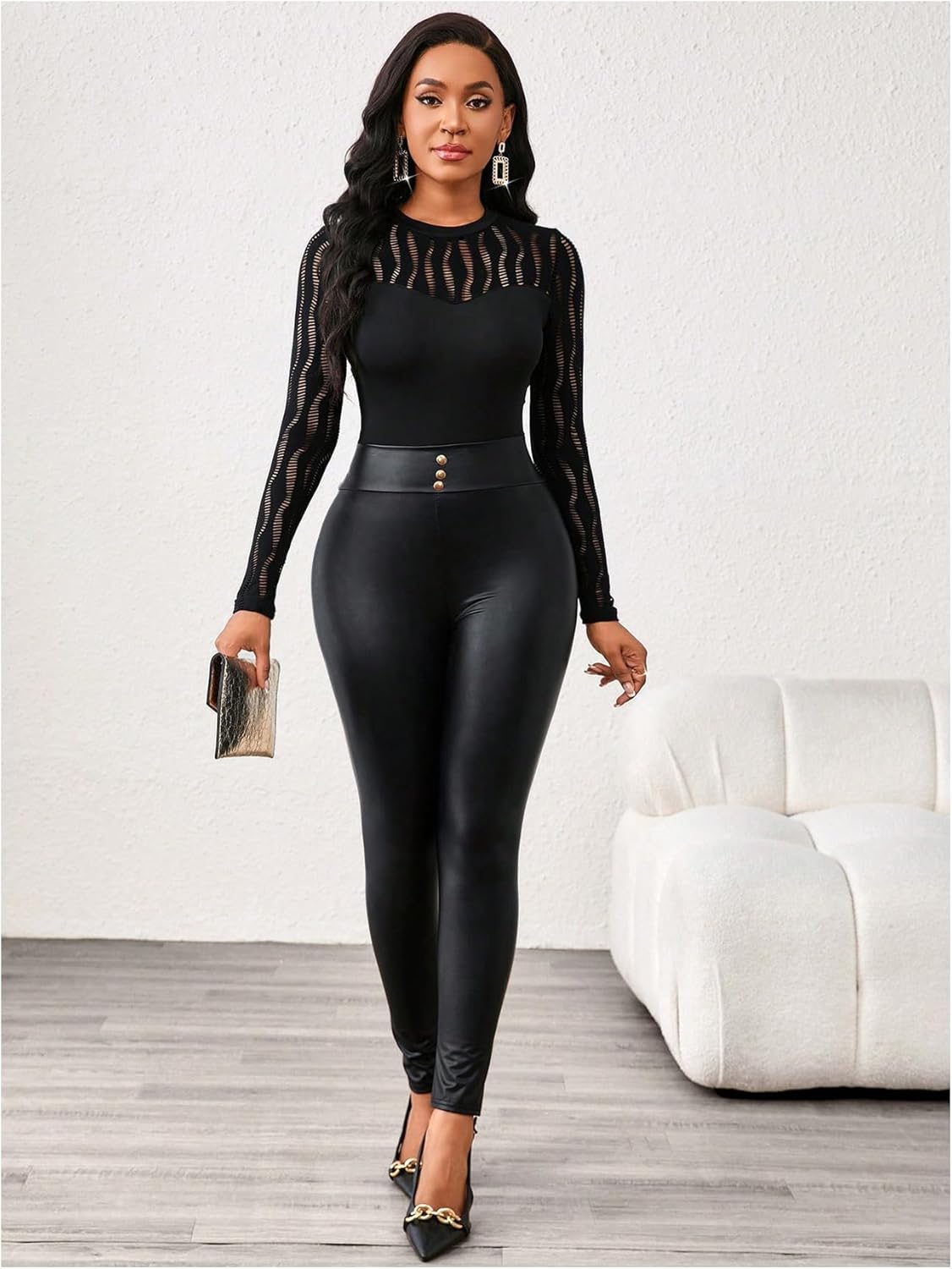 SweatyRocks Women's Crew Neck Long Sleeve Geometric Mesh Fitted T-Shirt Basic Tunic Tee Tops - Image 7