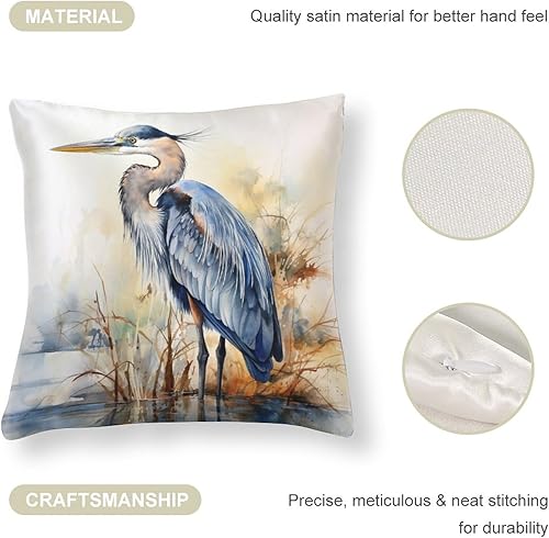 Miniatura 4 de Fundas de almohada de satén de acuarela de gran garza azul, divertidas fundas de almohada con cremallera oculta de 16 x 16 pulgadas, fundas de