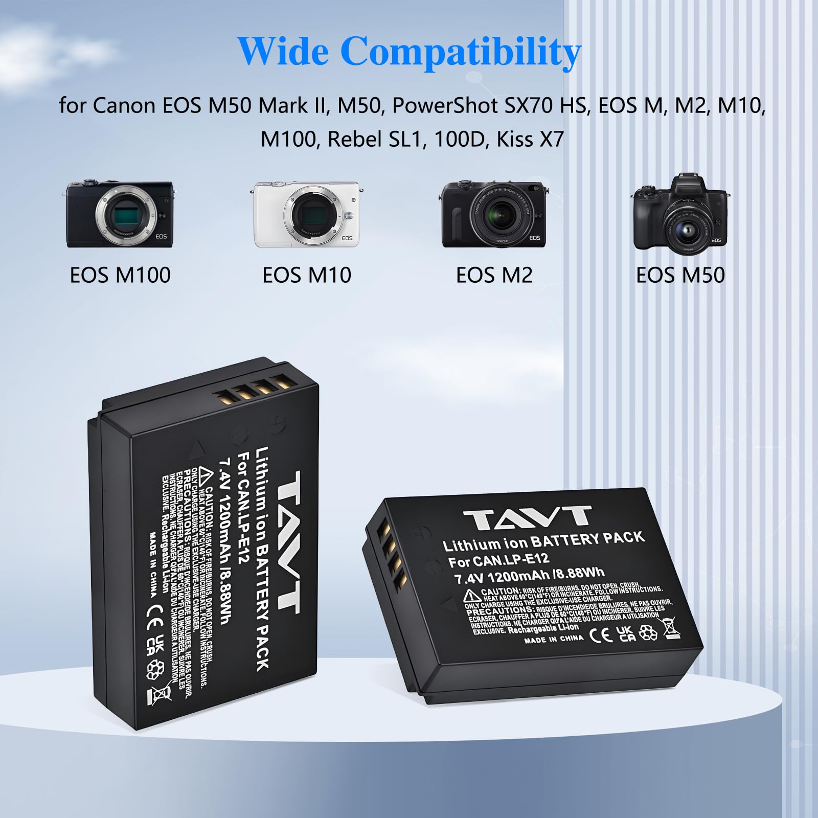 2 batterie e caricabatterie LP-E12 da 1200 mAh per Canon PowerShot SX70 HS, EOS M50, M50 Mark II, EOS M100, 100D, M, M2, M10, Rebel SL1, Kiss X7
