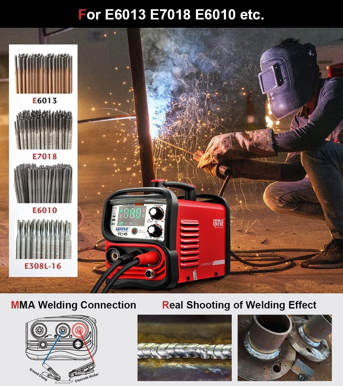 HONE MIG Welder Machine, Actual 145Amp 110V/220V Dual Voltage Flux Core Welder, 3 in 1 Synergic Gasless wire MIG/Stick Welder/Lift TIG Welding Machine, IGBT Inverter with LCD Display Portable Welder.