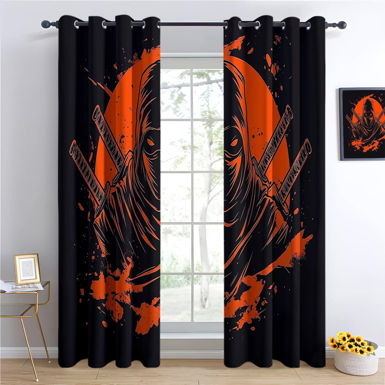 Folia Retro Ninja Termiczna zasłona zaciemniająca, ochrona przed zimnem i ciepłem, oszczędność energii, idealna do sypialni i salonu, 220 x 215 cm, pomarańczowa, czarna, 2 sztuki
