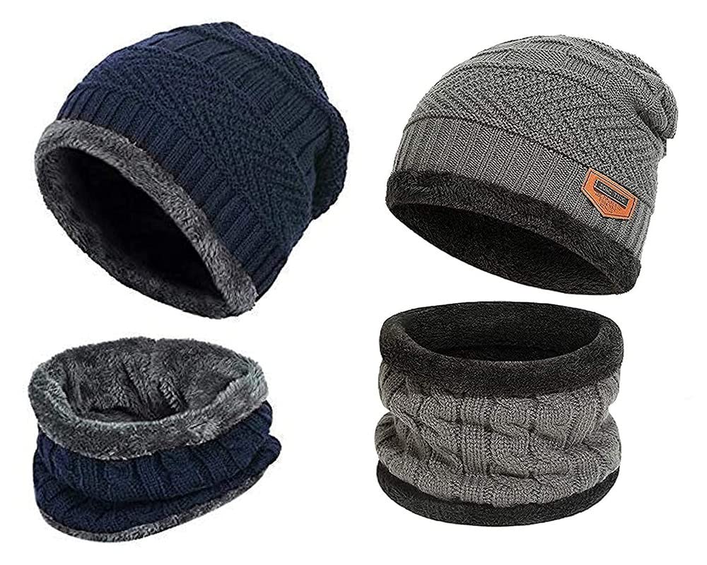 2 Pairs Men's & Women's Snow Proof,Inside Fur, Warm Woolen Cap with Neck Muffler/Neck Warmer/Scarf for Winters - Free Size (Blue and Grey)(Unisex Beanie Cap with Neck Warmer Set)-image-16