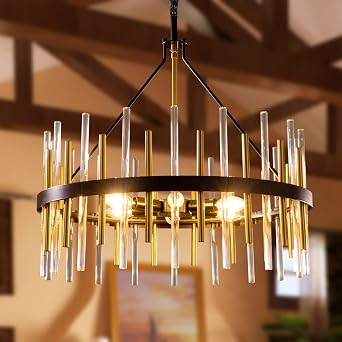 Wellmet Modern Chandeliers for Dining Room, Black and Gold Chandelier with Glass and Metal Rods 24", Drum Light Fixtures Ceiling Hanging Pendant Lighting for Kitchen, Foyer, Bedroom, Living Room