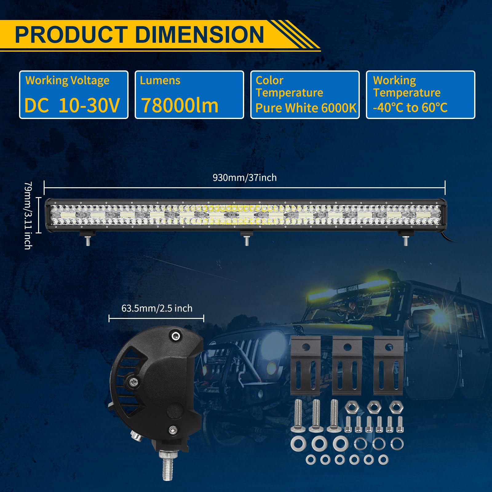 Willpower 93 cm, 37 cali, 780 W, listwa LED, 4 x 4 cm, 60 W, 12 V, okablowanie, rampa LED, wodoodporna lampa przeciwmgielna, do samochodu offroad, ciężarówki, ciągnika, quada, 6000 K, biały