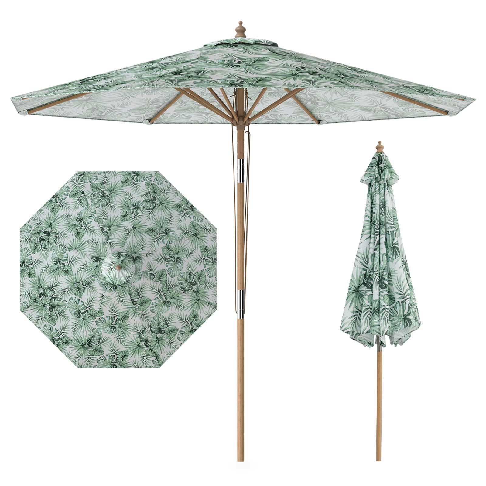 COSTWAY Parasol de Jardin Extérieur Φ270 CM, Parasol de Plage Inclinable sans Pied, 3 Hauteurs Réglables, 8 Baleines, Poteau en Bois, Toit Ventilé, pour Cour, Piscine, Terrasse, Balcon, Vert