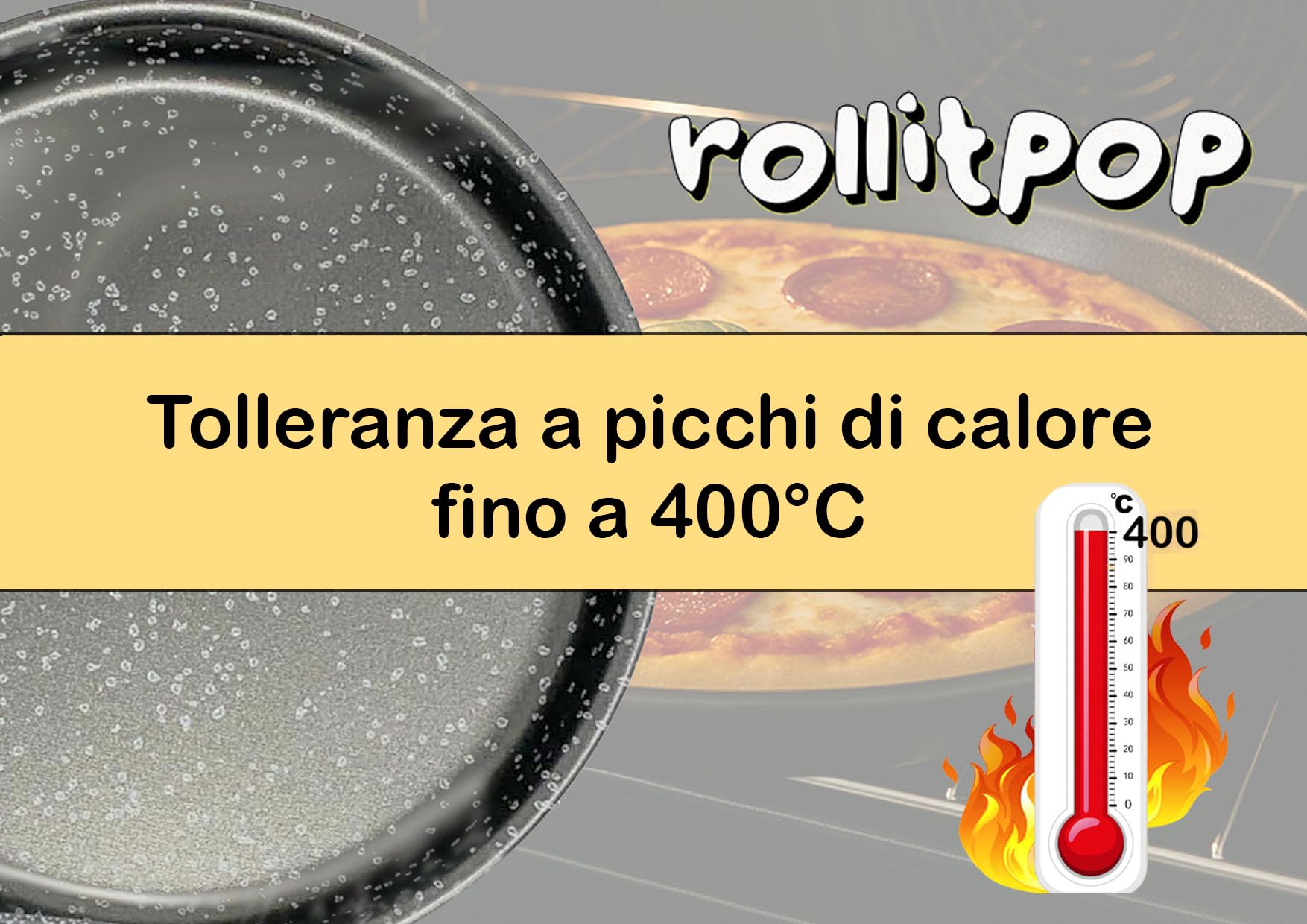 RollitPop Teglia Forno Rotonda Per Pizza e Farinata, 34 cm, Made in Italy, Rivestimento Alto Antiaderente, In Alluminio, Leggera E Facile Da Pulire, Effetto Pietra Linea Vulcania (2 Teglie)