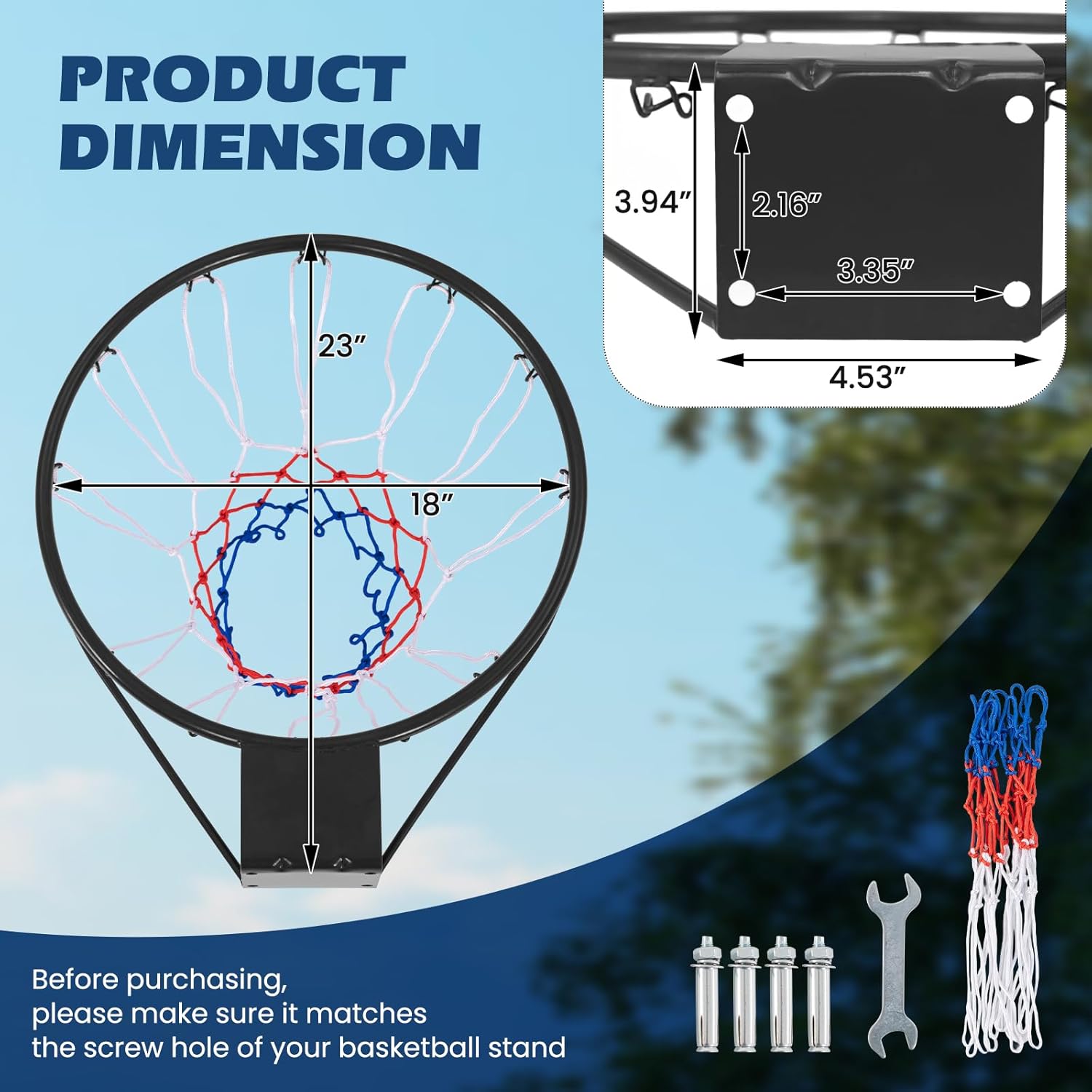 GYMAX Basketball Rim, 15/18 inch Basketball Rim Replacement with All-Weather Net, Basketball Hoop Replacement Rim Outdoor/Indoor for Wall Door Mounted