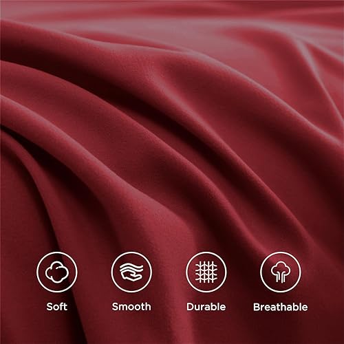 Miniatura 7 de Juego de sábanas de 4 piezas, transpirables y suaves, de microfibra cepillada con bolsillos profundos, fácil cuidado, rojo burdeos