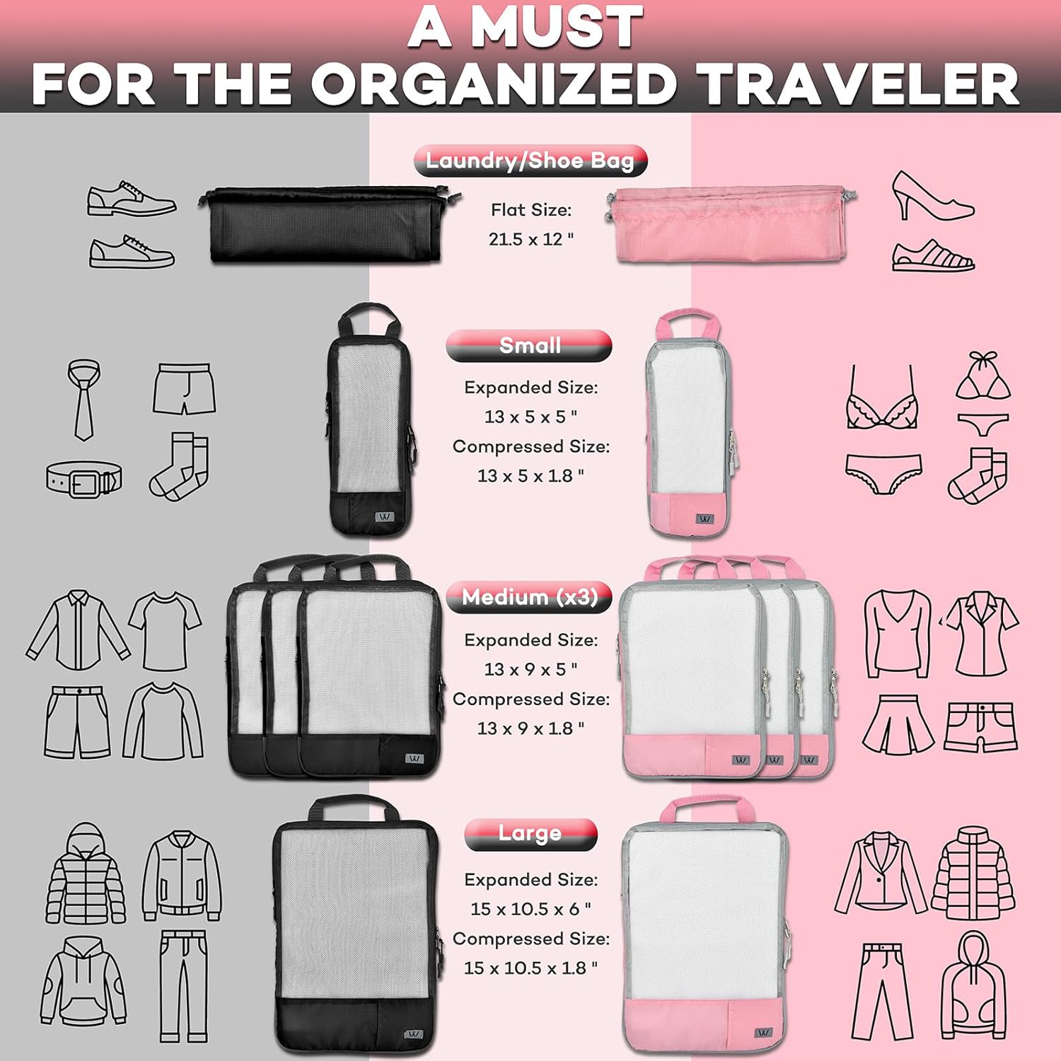 Compression Packing Cubes - WONGLE 12 pc Set His and Hers Family Travel Organizer Compressible Packing Cubes for Suitcases, Luggage Organizer Bags, Travel Accessories, Shoe Bag (Pink/Black)
