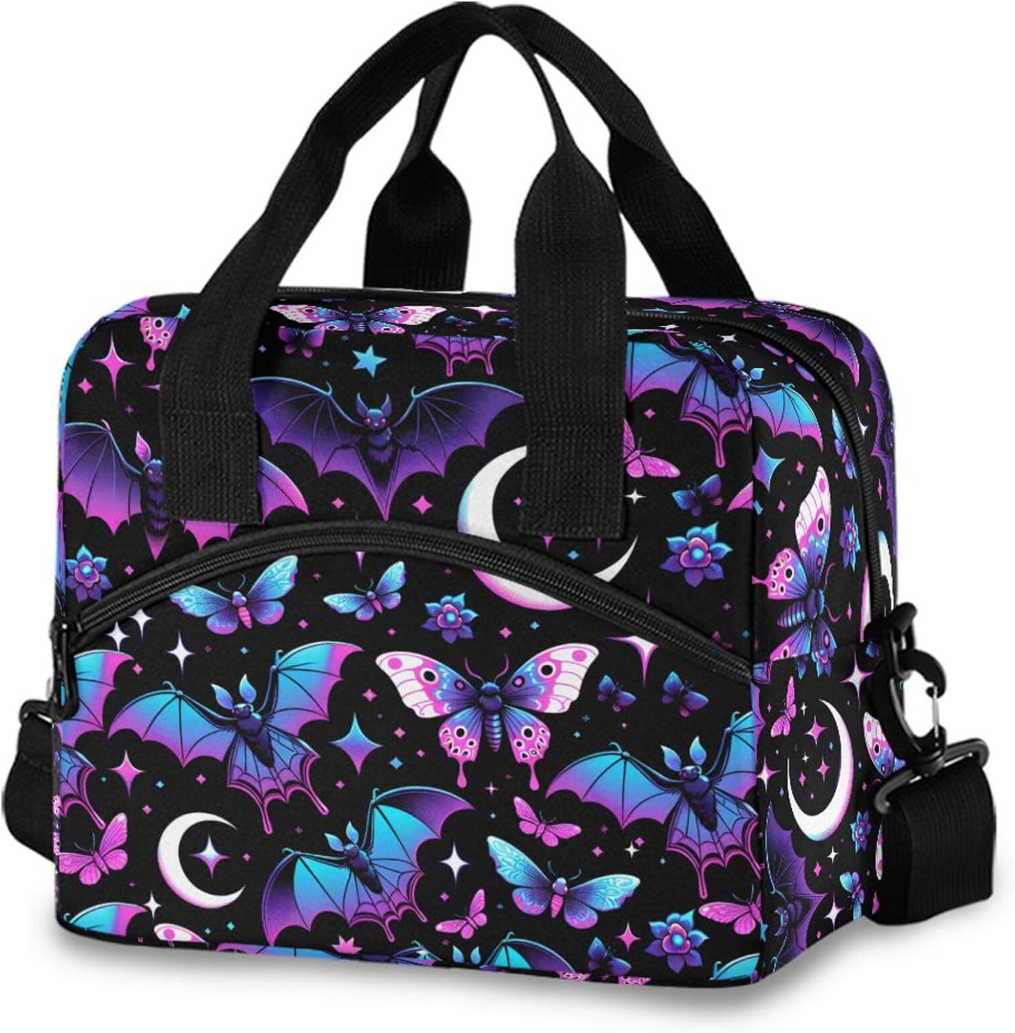 MNSRUU Insulated Lunch Bag Neon Purple and Bats Stars and Moons Women Men Fabric Dinner Tote Cooler Bag Reusable Leakproof Lunch Box with Adjustable Shoulder Handles Strap For Work School