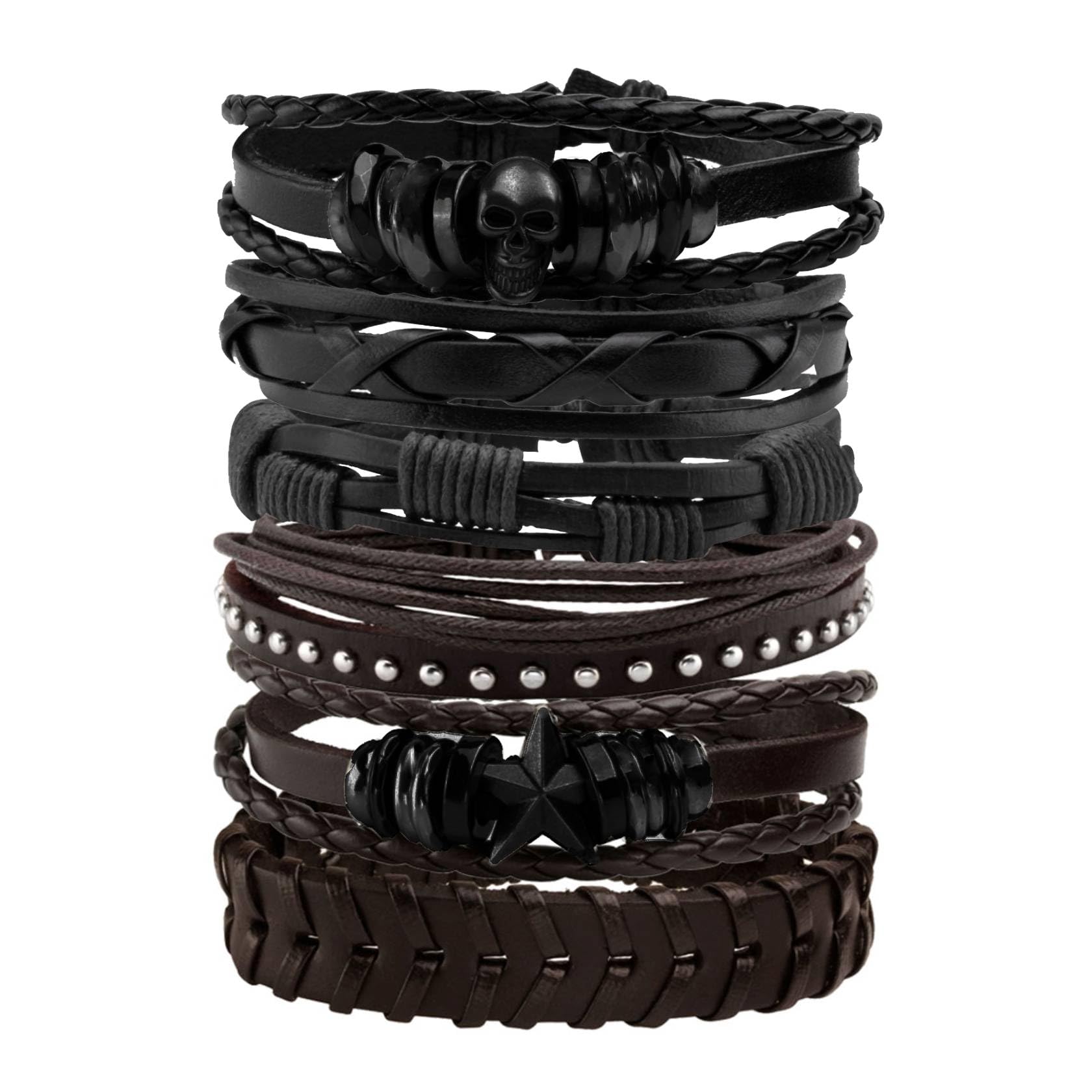 MILAKOO 6Pcs Punk Leather Bracelets for Women Men Braided PU Wristband Skull Skeleton Accessories