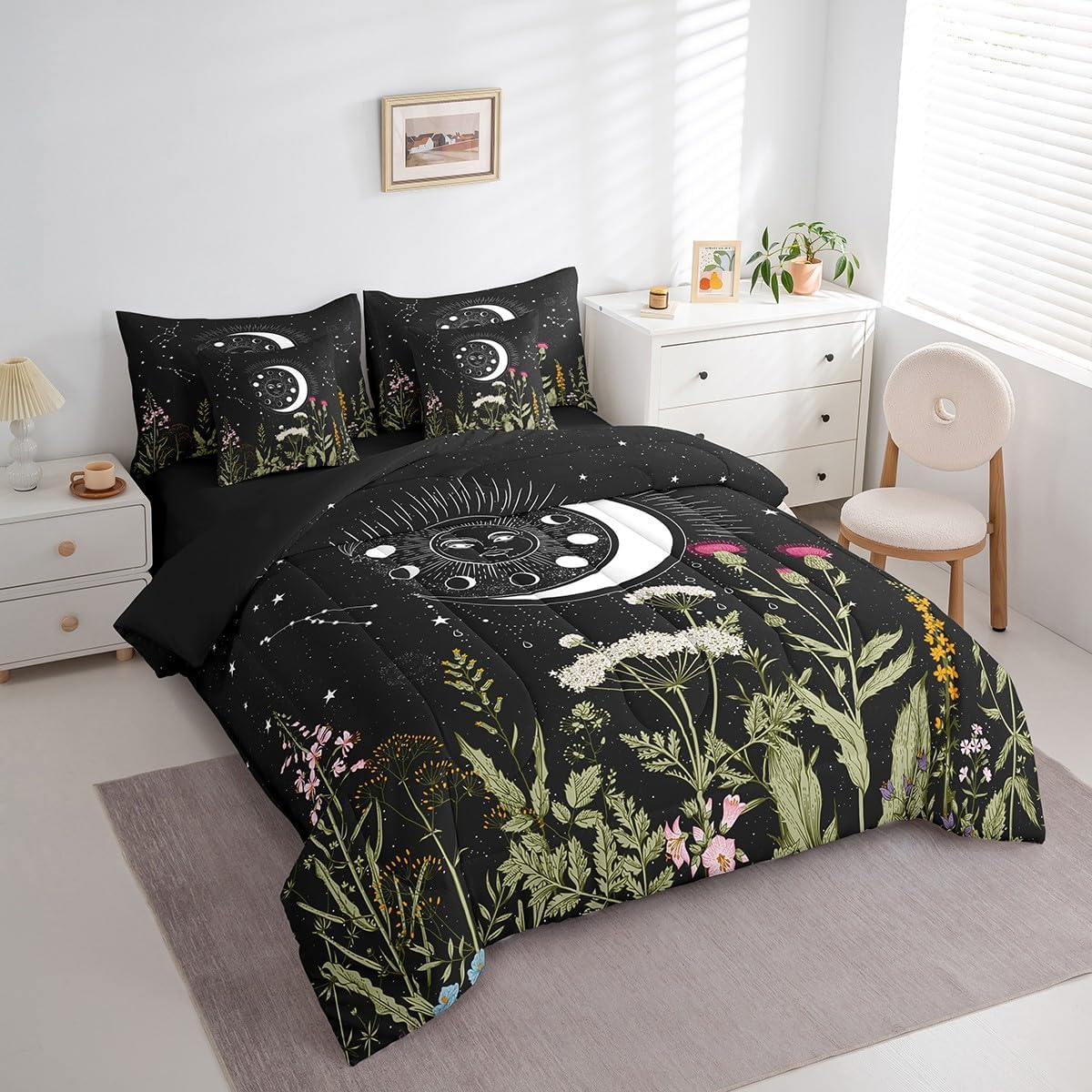 Sun Moon Kids Queen Size Comforter Set with Sheets Stars Space Psychedelic 7 Piece Bedding Set Teens Black and White Galaxy Bed in a Bag Botanical Branches Constellations Bed Set with 2 Pillowcases