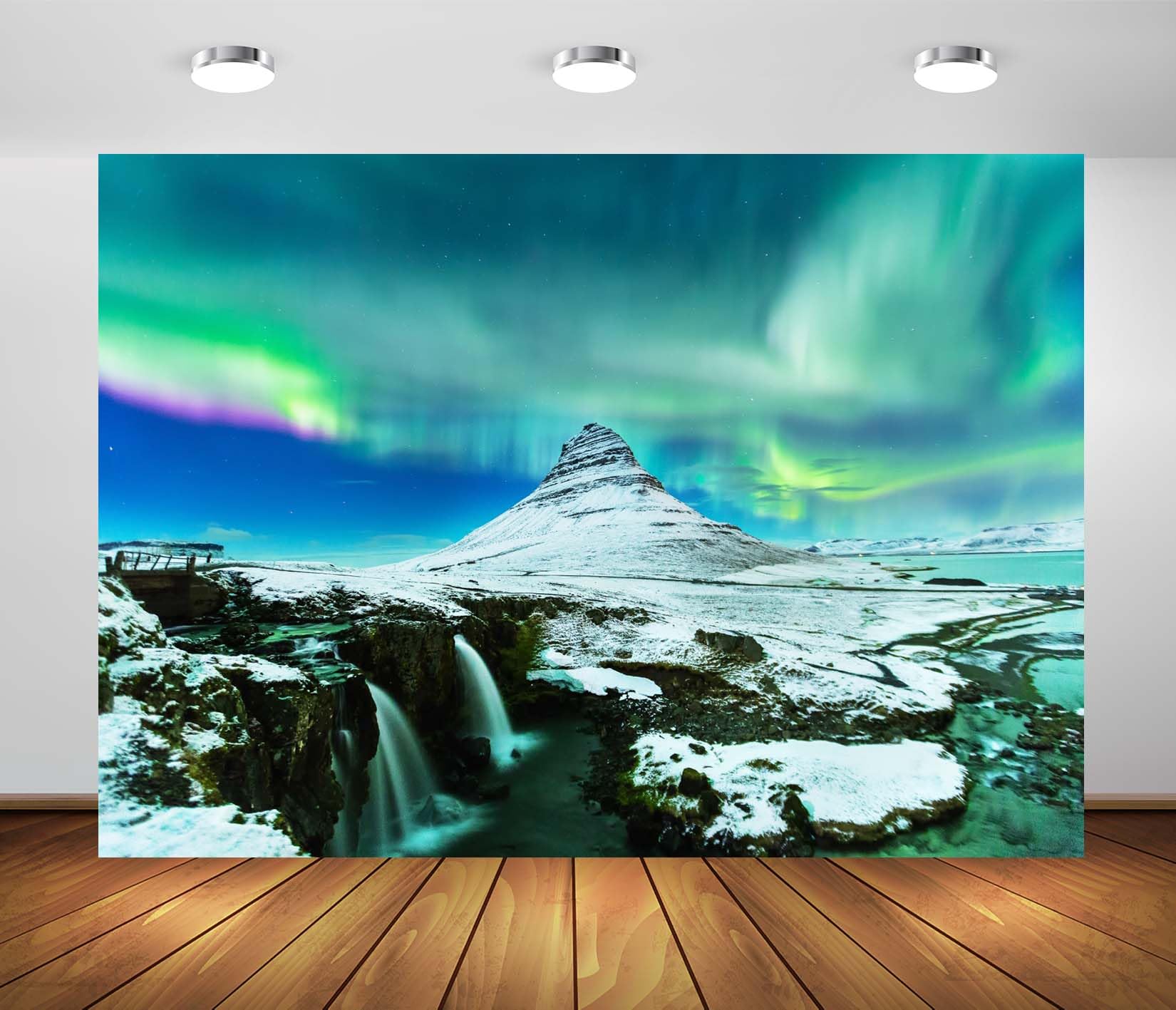 BELECO 12x10ft Fabric Iceland Aurora Borealis Backdrop Kirkjufell Mountain Glacier Northern Light Polar Scene Background Arctic Theme Party