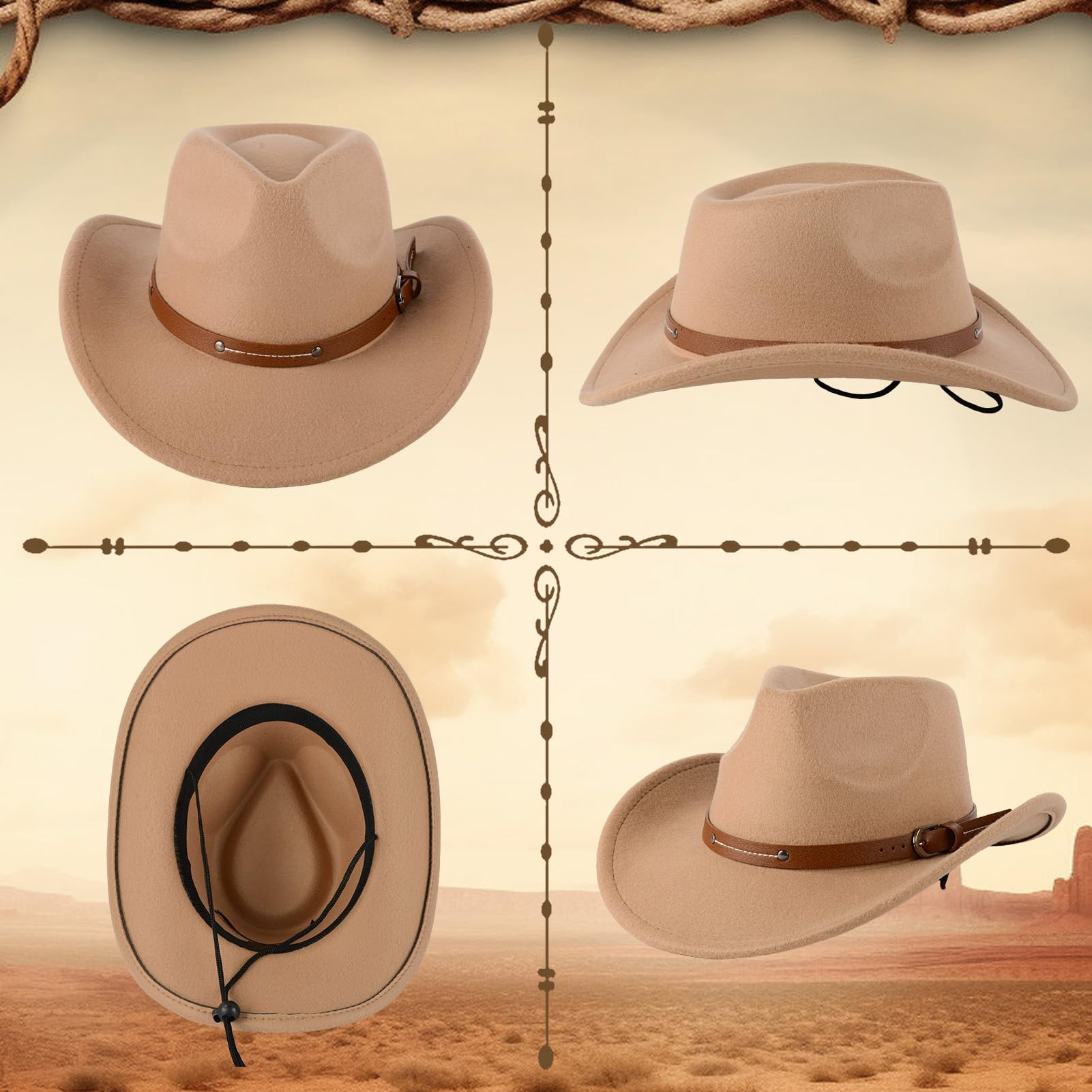 Cowboyhut für Männer und Frauen, Unisex Western Cowboy Hut, Filz Wide Edge Western Cowboy Hut Klassischer Panamahut Outdoor Wide Edge Hut mit Riemen (Camel)