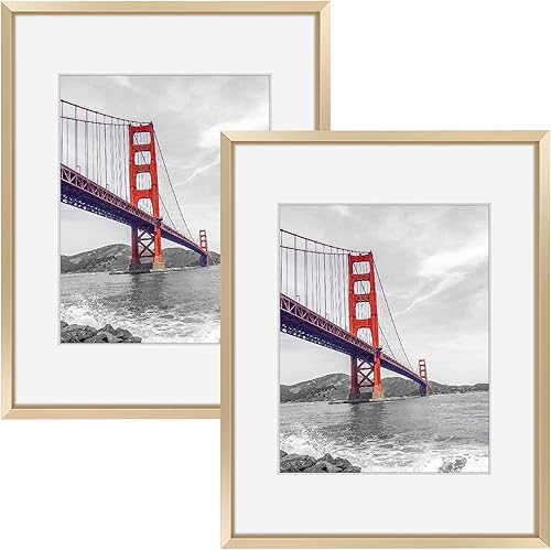 Vista 125 de Frametory - Colección de marcos de metal para fotos, marco de aluminio para fotos con alfombrilla de color marfil y cristal real Dorado