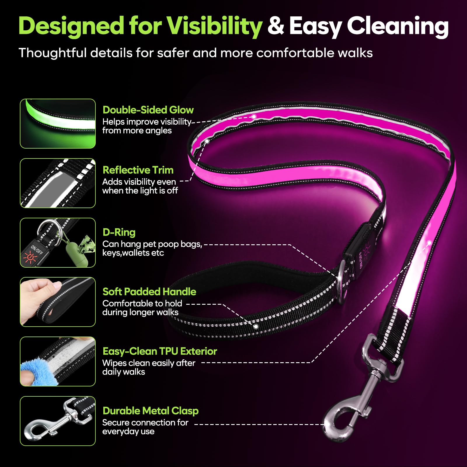 Laisse pour chien à DEL de 1,5 m, lumineuse et éclairée, 7 modes d'éclairage, phosphorescente, lumière double face, rechargeable avec poignée rembourrée pour la sécurité des promenades nocturnes