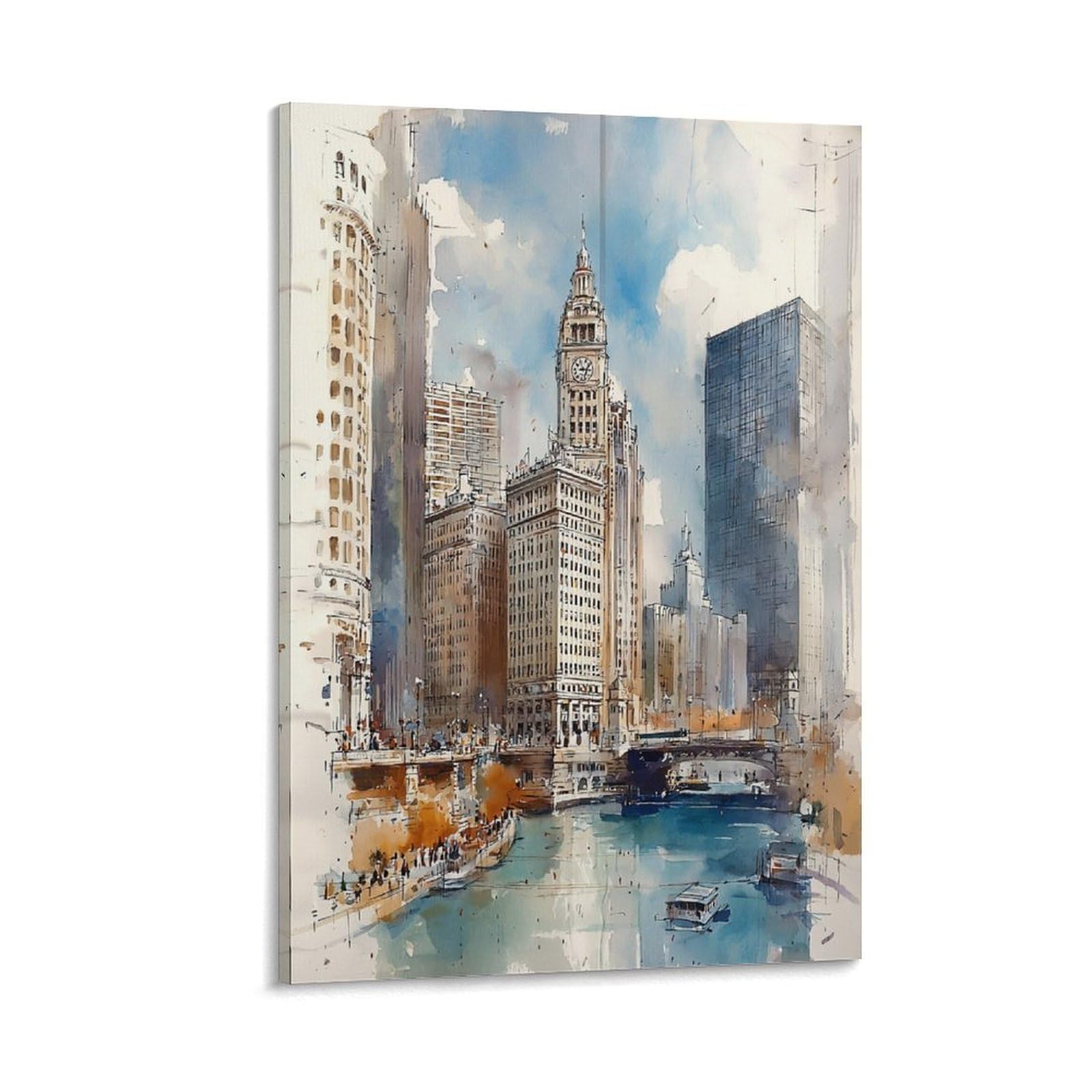 XWYMXZ Chicago Watercolor Vibrant Travel Posters 24x36inch(60x90cm) Vintage Watercolor Canvas Art