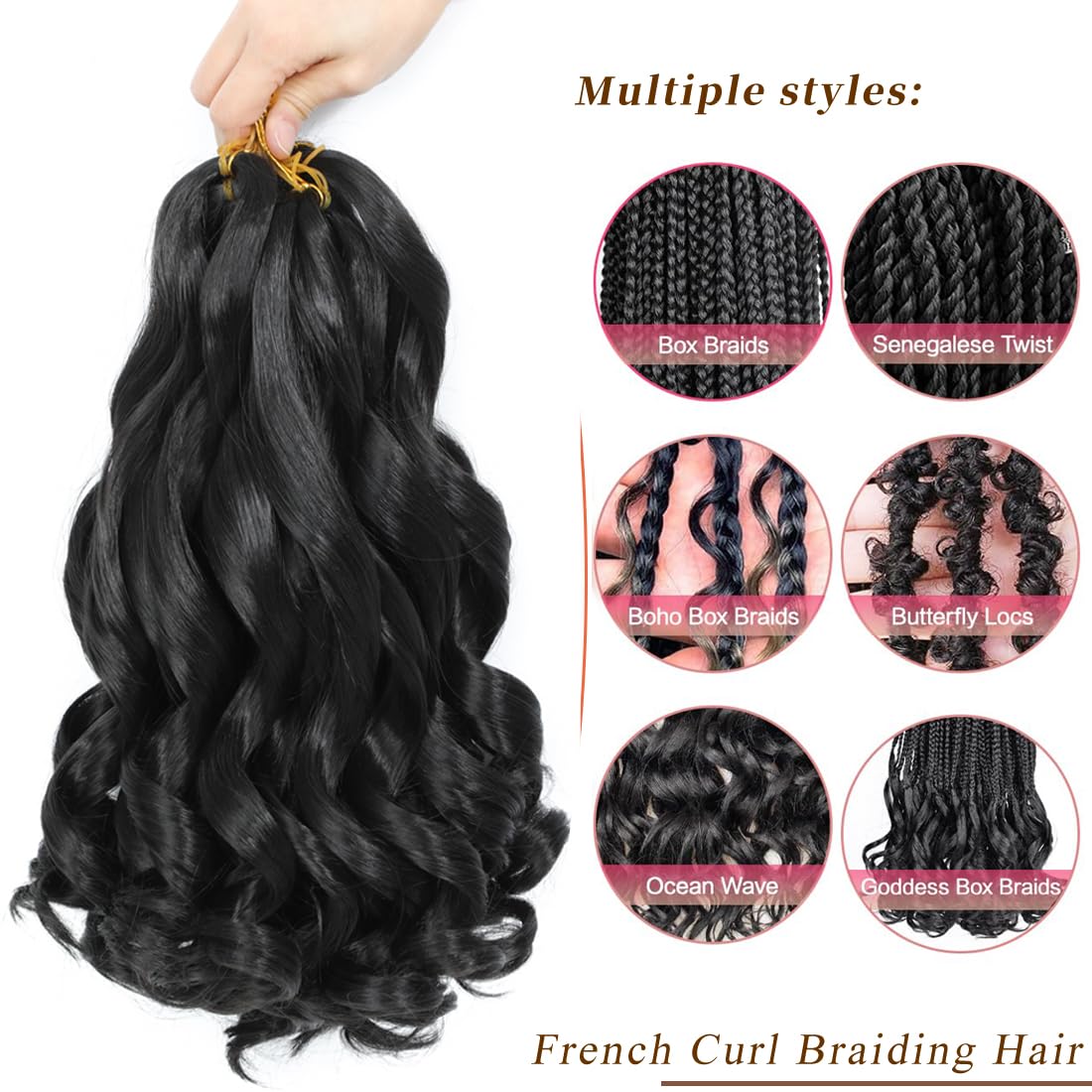 French Curl Braiding Hair 20 Inch 8 Packs Curly Braiding Hair Pre Stretched French Curls Braiding Extension Curl Crochet Braids Spiral Extensions (1B# - Image 2