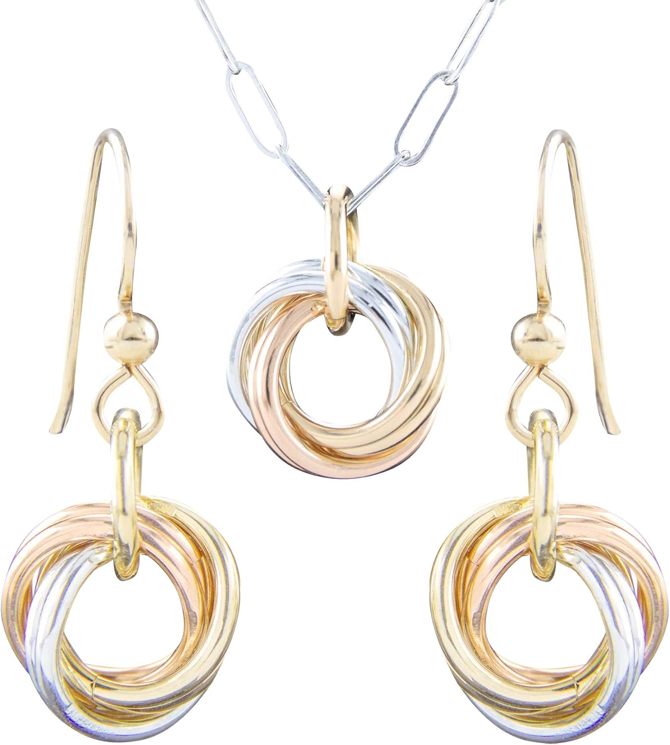 Tahmi Tricolor Love Knot Dainty Jewelry Gift Set Idea for Women with Sterling Silver 925 and 14K Yellow and Rose Gold-Filled Dangle Earrings and 20 Inch Pendant Necklace with Paperclip Chain
