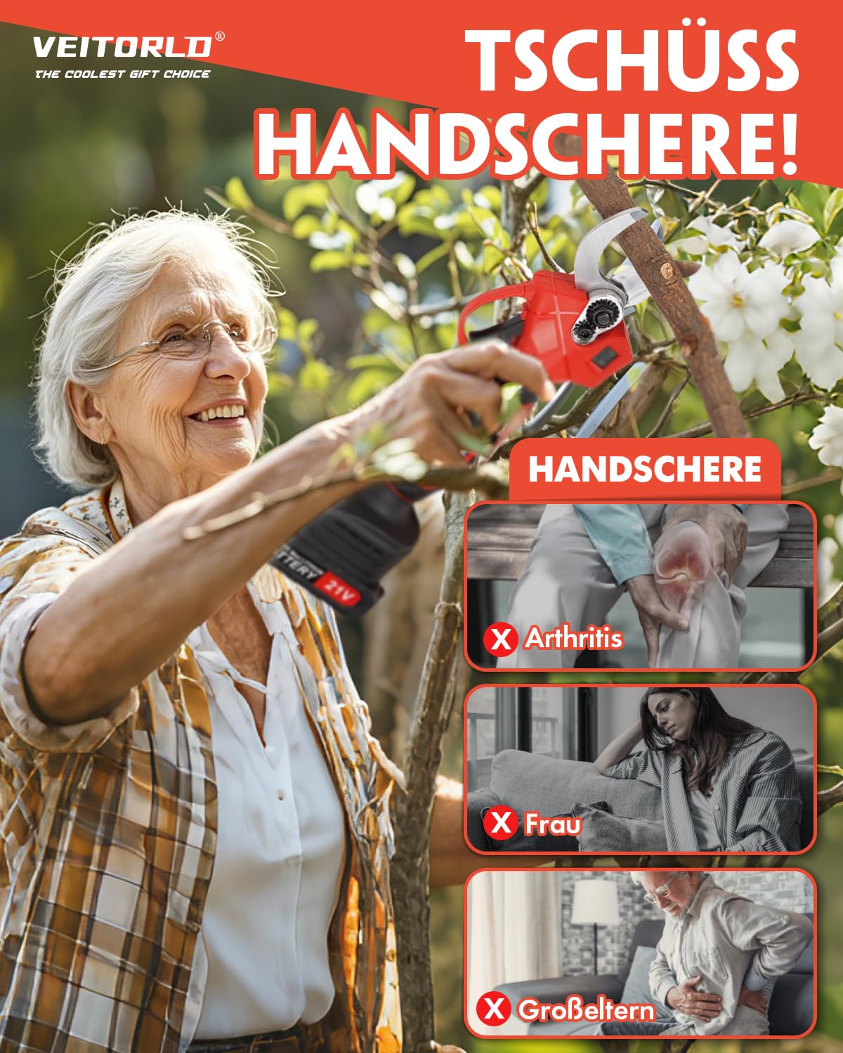 Veitorld Akku Astschere, 30MM Gartenschere mit 2 Akku 2000mAh, 1000W Bürstenloser Motor Bypass Baumschere, Elektrisch Garten Schere mit LED-Schnittzählerm -Geschenke für Männer Papa Mama Frauen