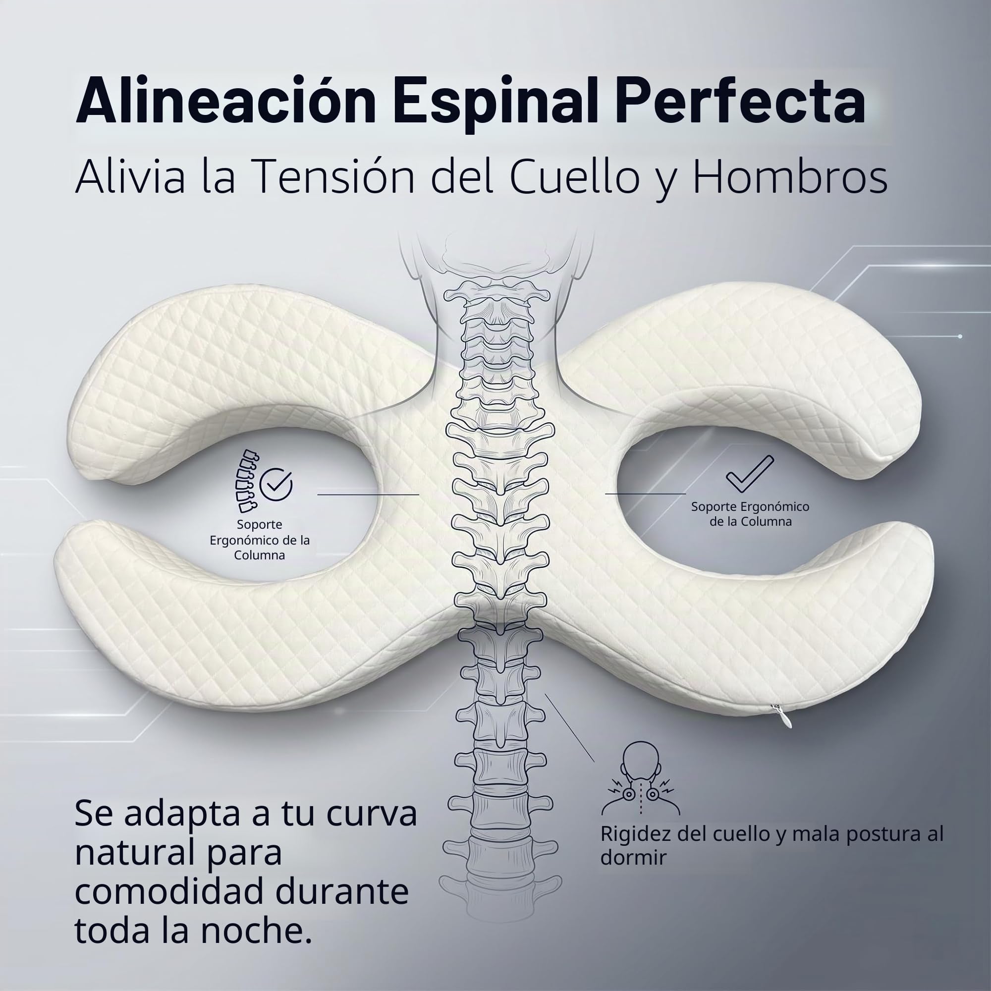 Almohada Viscoelástica Antiarrugas, Almohada Ergonómica para Dormir de Lado, Espalda y Estómago, Almohada Cervical con Diseño en U de Espuma Viscoelástica, 55x27x9cm