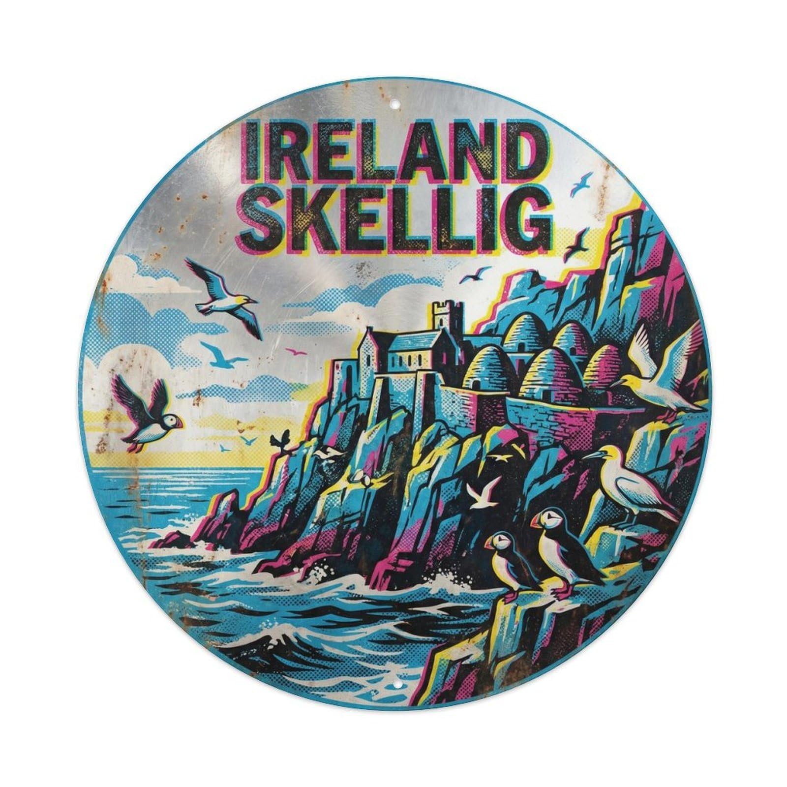 Skellig Monastery Irish Vintage Ink Historic Landmark Metal Tin Sign Plaque Wall Decor for Cafe, Man Cave, Club Bar, Office, Home Garden Round Metal Poster 8x8Inch