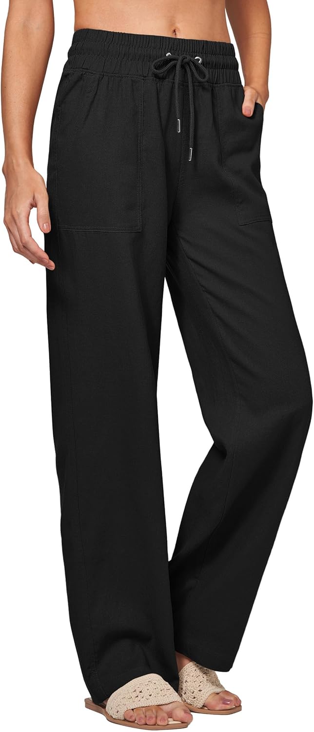 Women Linen Pants Wide Leg Palazzo Pants Linen Drawstring Pants with Pockets 31" - Image 4