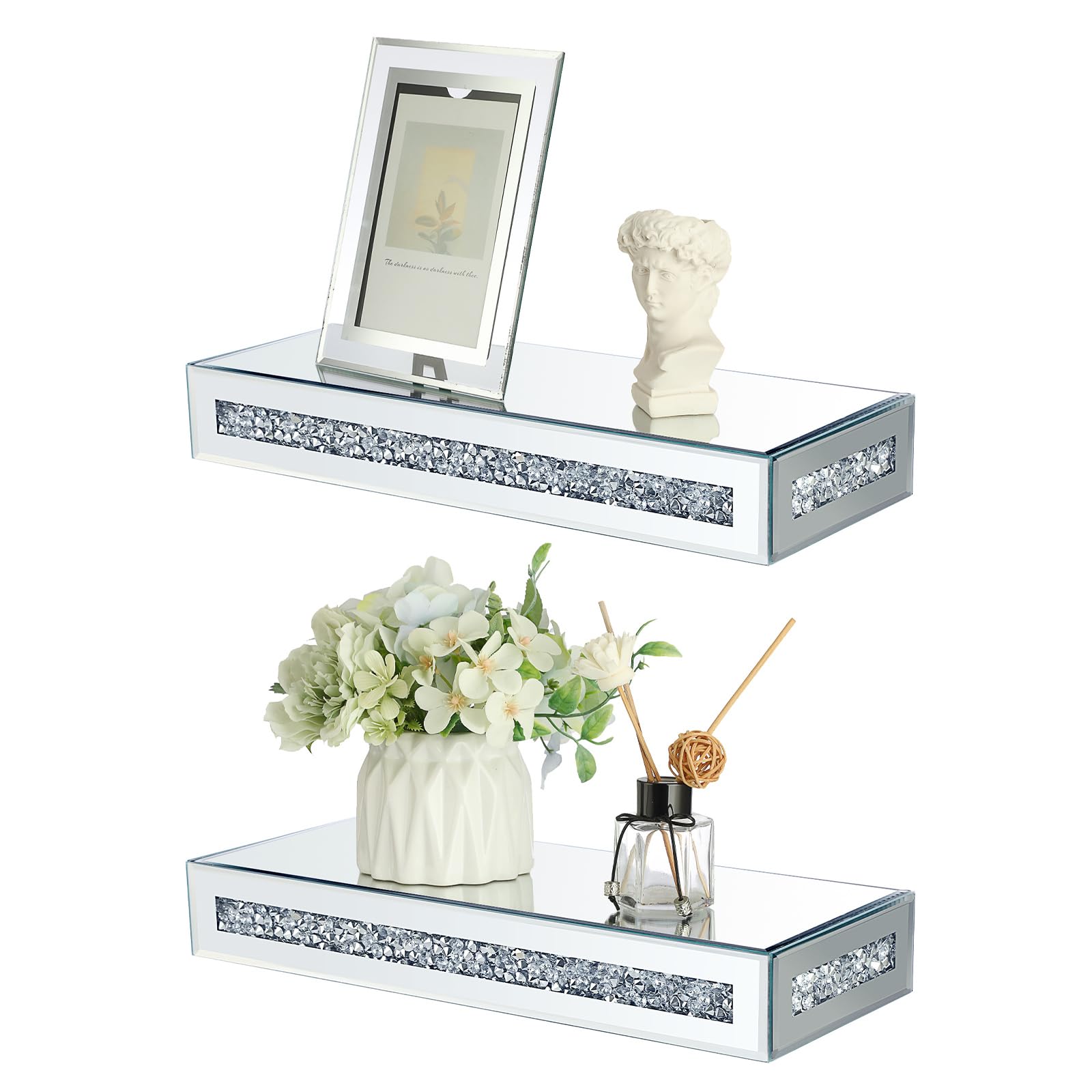 BTSKY 2pcs Rectangular Glass Mirrored Floating Shelves, 38 * 15 * 5.8cm