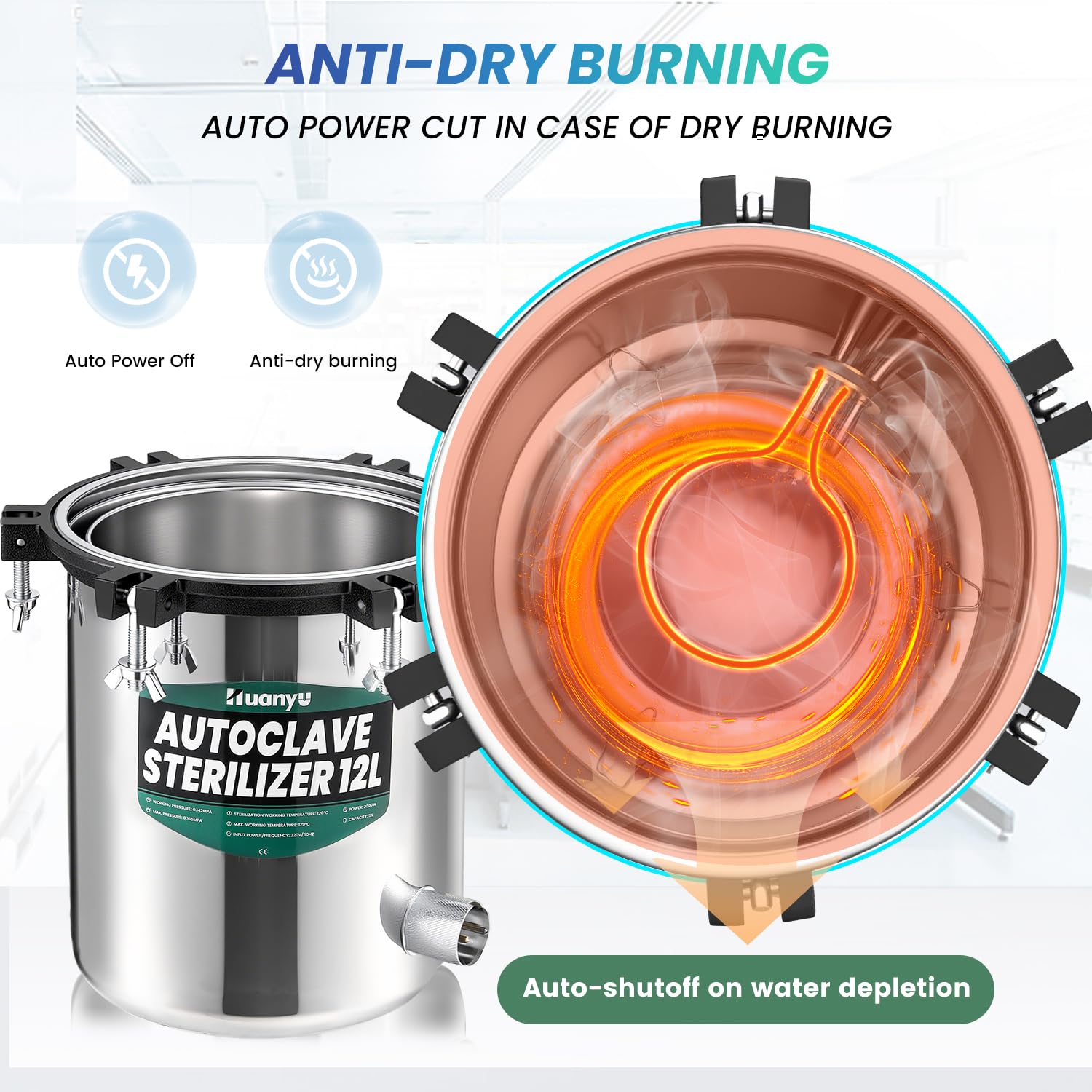 Huanyu Autoclave Esterilizador de Alta Presión Esterilización de Vapor Disinfect Dispositivo para Uso de Laboratorio/Dental/Mascota/Hospital | 126℃-128℃ | 0.145-0165MPa (12L)