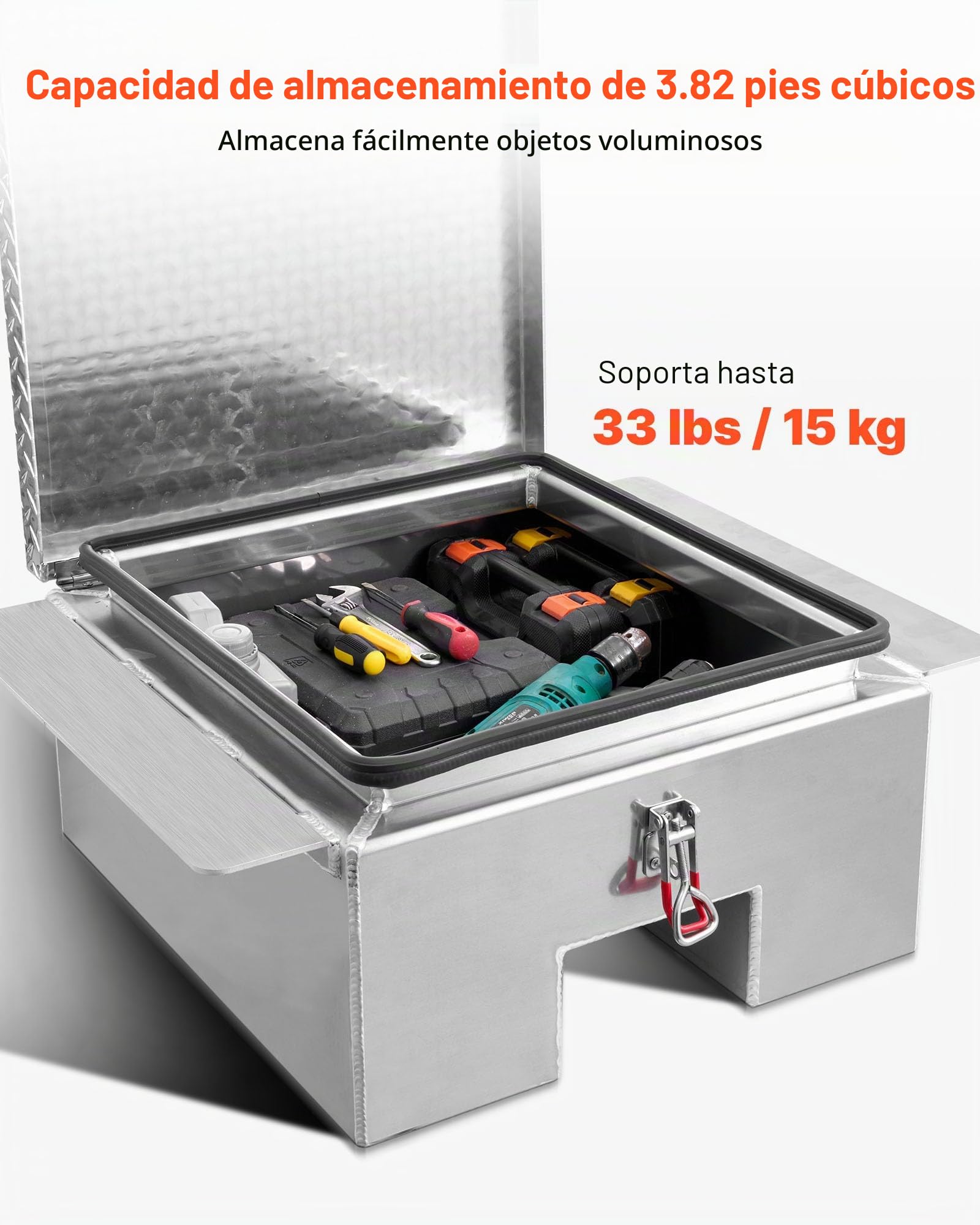 VEVOR Caja de Herramientas para Caja de Camioneta, de Aluminio, con Placa de Diamante, Soporta hasta 100 kg, Ideal para Camioneta, RV, Remolque, 770 x 610 x 310 mm, Carga Máxima 100 kg, Plata