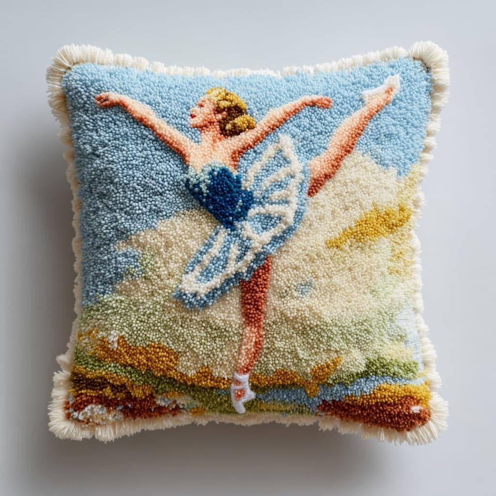 Latch Hook Pillow Kit Ballet Girl with Pre-Printed Pillow Cover DIY Pillowcase Crochet Yarn Hooking Craft Set for Hobby and Home Decor 43x43cm-7