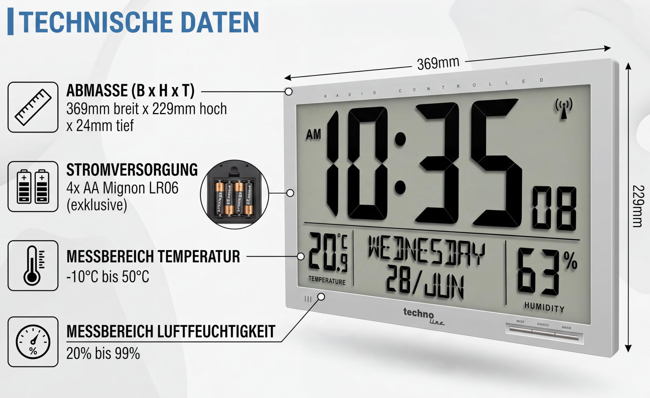 Technoline WS 8013 - Digitale, Moderne Designer XL Funkwanduhr, schlanker Rahmen,