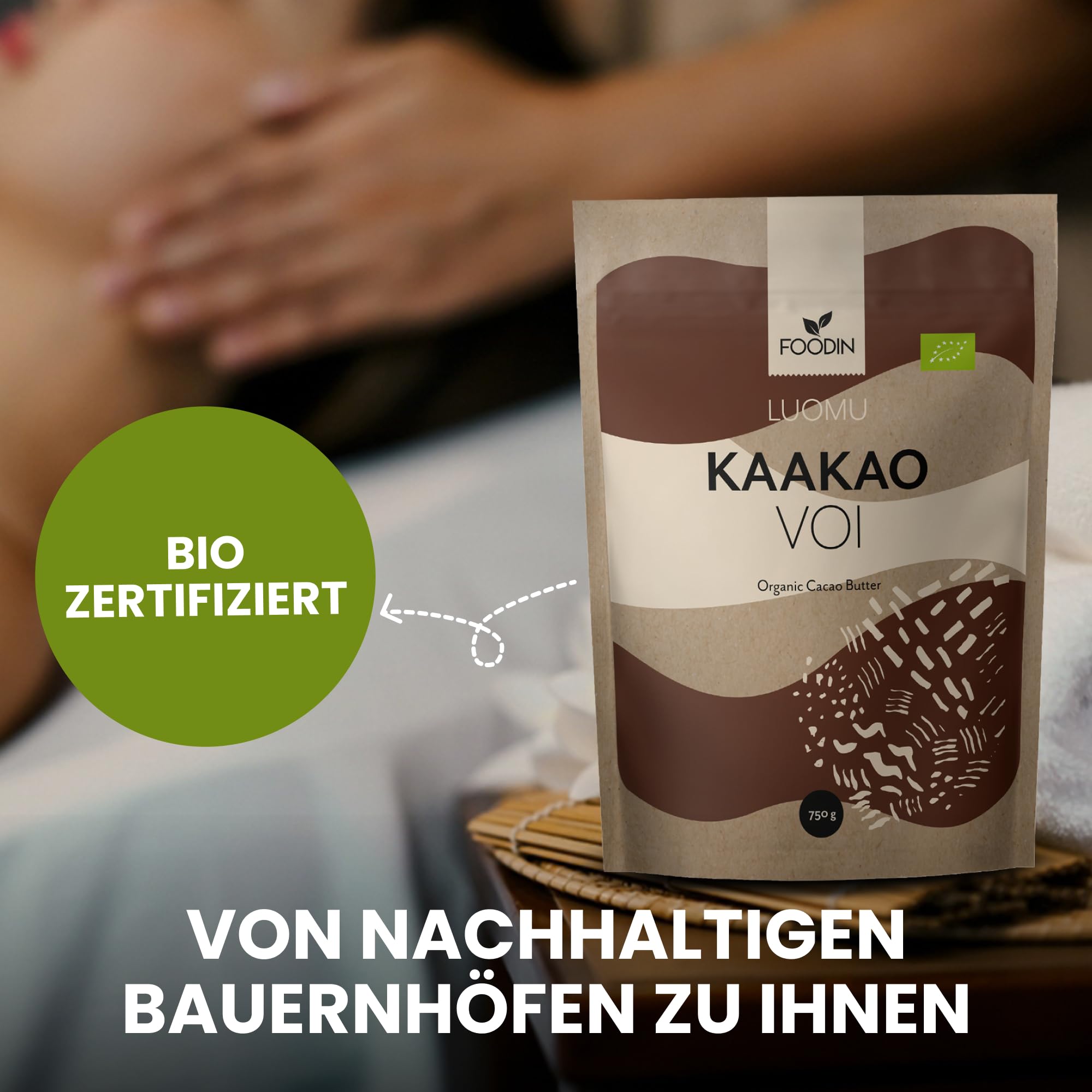 FOODIN Kakaobutter 750g, Bio-Kakaobutter für Kosmetik, süß duftend für Hautpflege, Backen & Kochen, ideal für Rezeptbedürfnisse