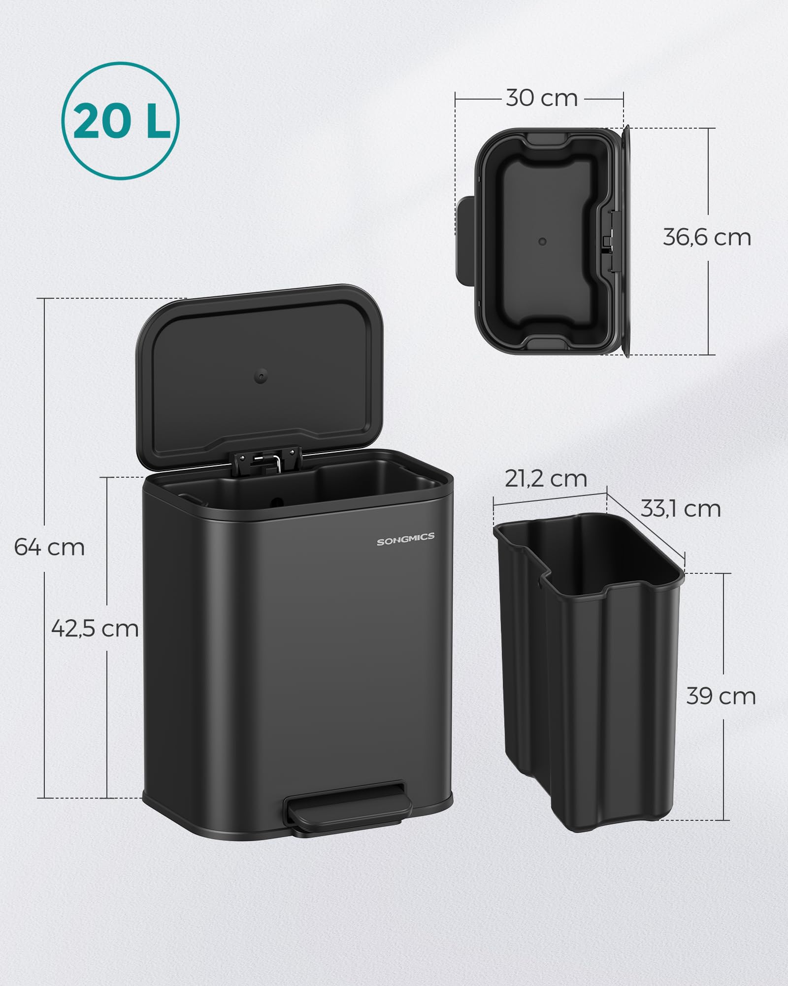 SONGMICS Mülleimer Küche, 20 Liter Abfalleimer mit Deckel, Tretmülleimer, Stahl, Softclose, Offenhaltefunktion, mit Inneneimer, breites rutschfestes Pedal, tintenschwarz LTB542B02