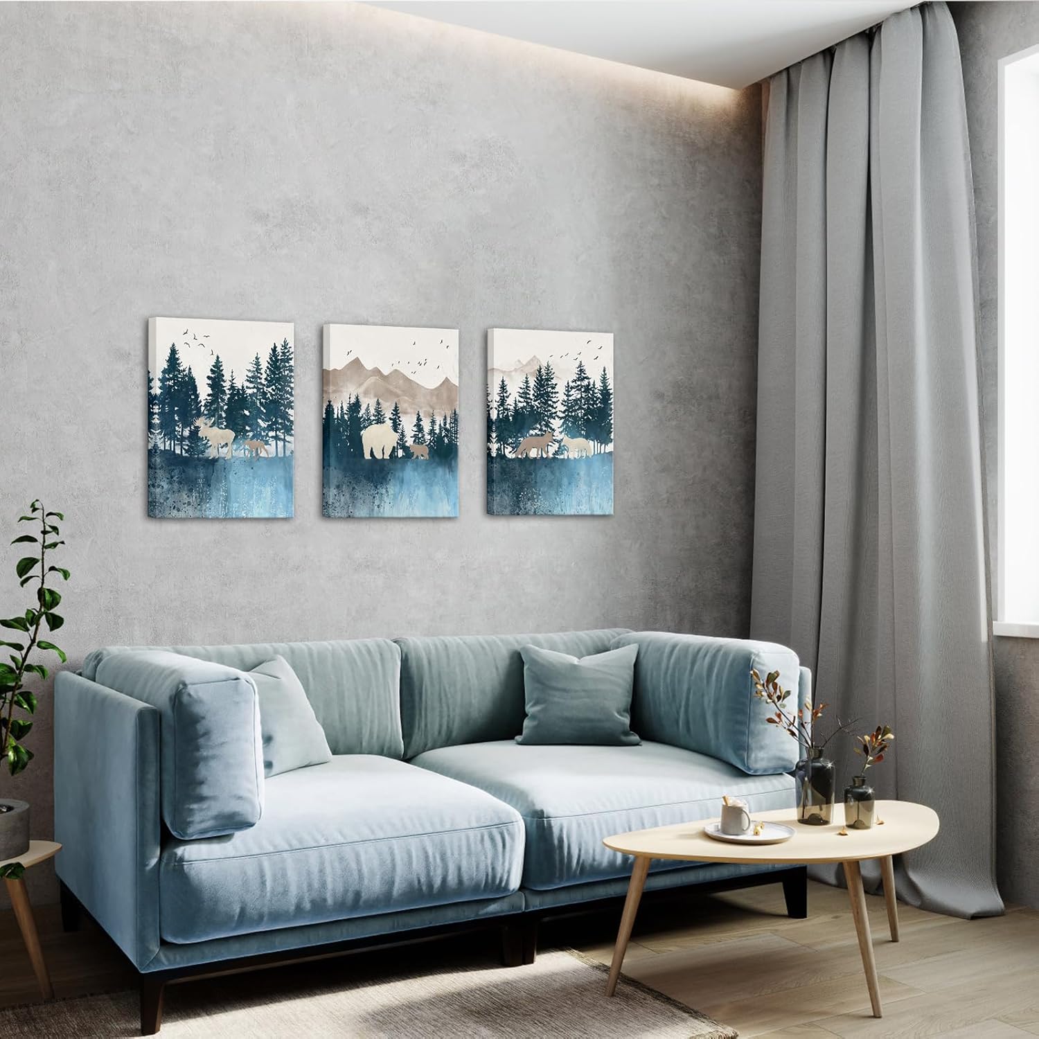 Canvbay 3 Panel Watercolor Mountain Landscape Wall Art Woodland Bear Deer Fox Canvas Prints Wild Animals in Foggy Forest Pictures Painting Nature Adventure Theme Artwork for Nursery 12x16inchx3pcs