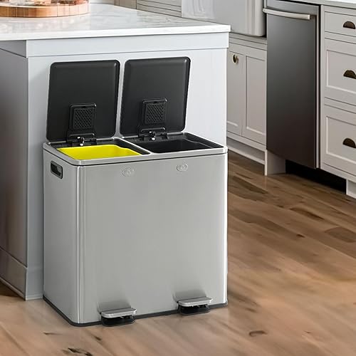 CAPHAUS Bote de basura doble con doble tapa, combo de contenedores de basura y reciclaje, cubo de basura de acero inoxidable manos libres para