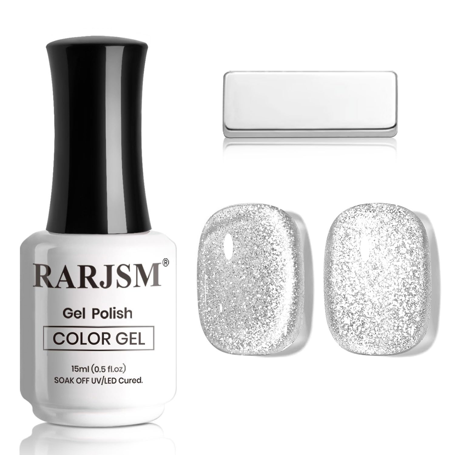 RARJSM Silver Cat Eye Gel Nail Polish with Magnet Stick Reflective Sparkle Translucent Clear White Glitter Cateye Gel Polish 15ml Single Bottle UV LED