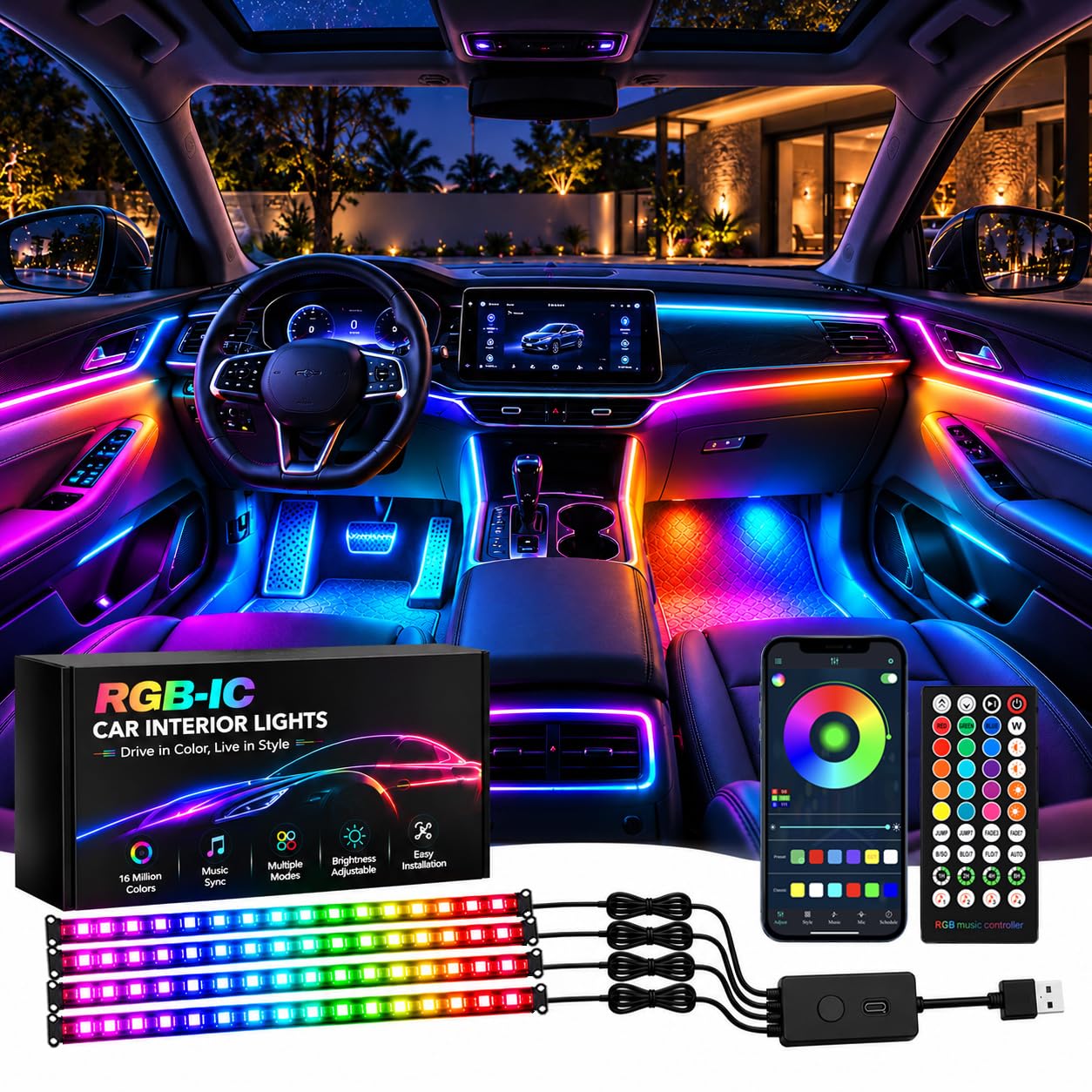 Car Interior Lights, LED Lights Strip with USB Adapter Car Accessories