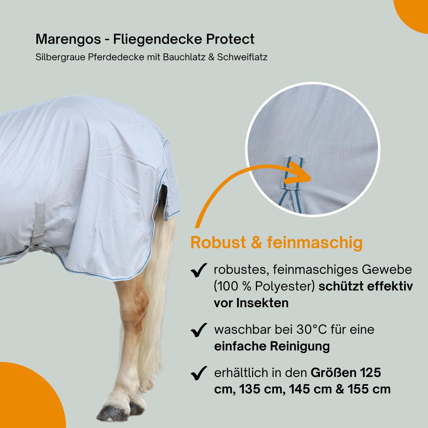 Marengos - Fliegendecke Protect mit Bauchlatz & Schweiflatz | robuste & feinmaschige Pferdedecke zum Schutz vor Insekten | doppelter Frontverschluss | Outdoor-Pferdedecke in Silbergrau | 125cm