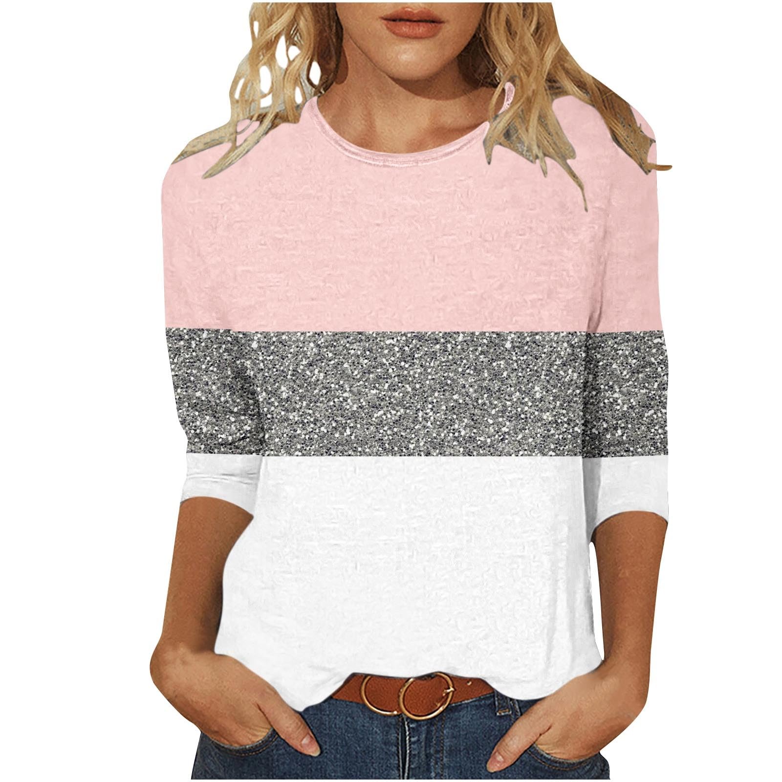 Women's Crew Neck 3/4 Sleeve Tee Shirt Lightweight Color Block Patchwork Pullover Tops Casual Trendy Sparkle Blouse Pink