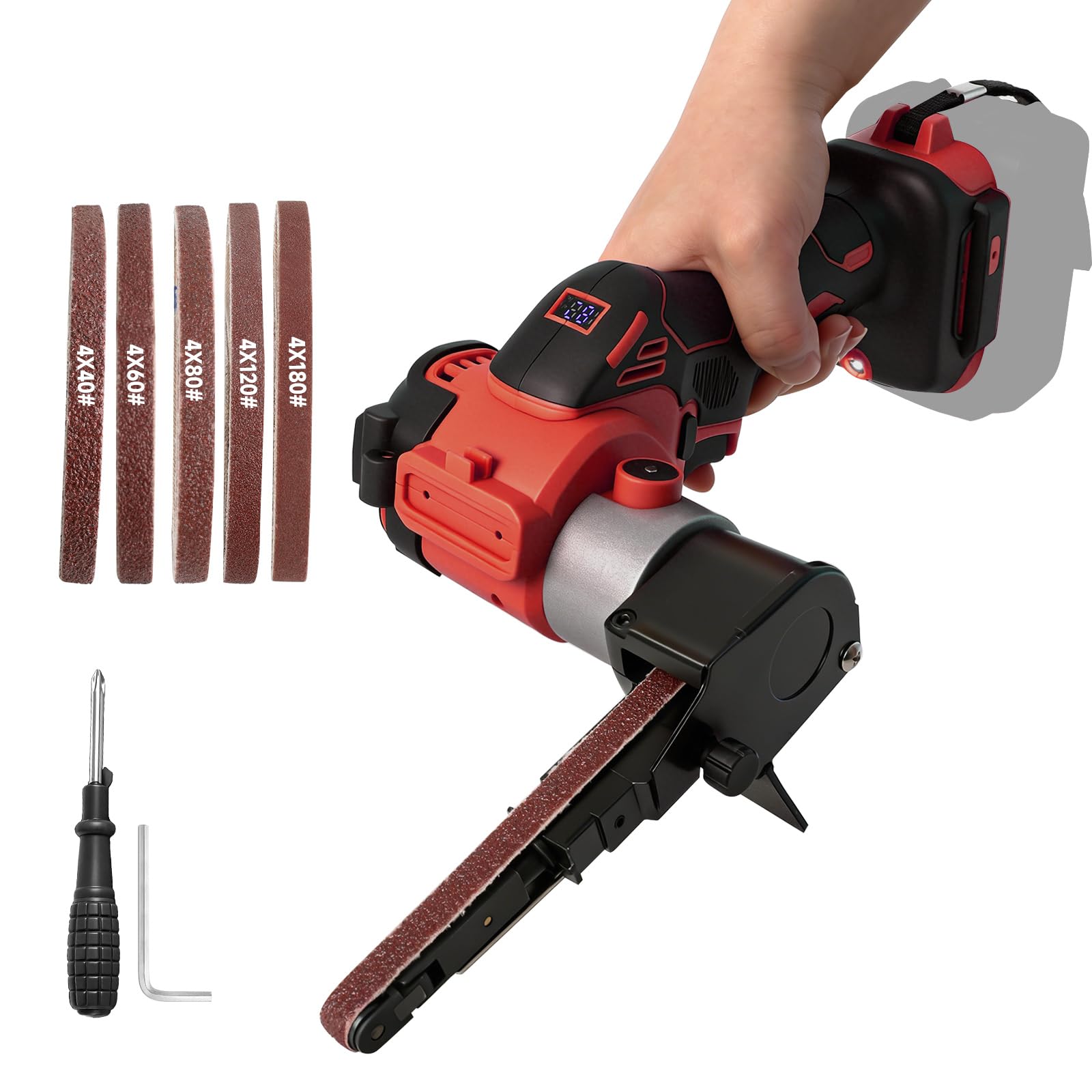 Akku-Bandschleifer Kompatibel mit Milwaukee M18 Akku, 0-13000RPM 360° Einstellbarer Bürstenloser Bandschleifer mit 20 Schleifband für Holz Metall Kunststoff (Rot für Milwaukee)
